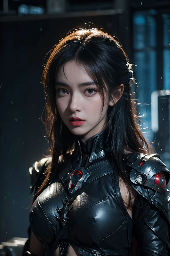masterpiece,best quality,high resolution,8k,(portrait photo:1.5),(R original photo),real picture,digital photography,(Combination of cyberpunk and fantasy style),(female soldier),20 year old girl,Random hairstyle,through bangs,(Black eye breasts, Accessories,red lips,(He frowned,sneer),(Cyberpunk combined with fantasy style clothing,Hollow carving design,joint armor,,Black clothes,Black),show your belly button,photo poses,Realistic style,Thunder and lightning on rainy day,(Water magic),oc render reflection texture
