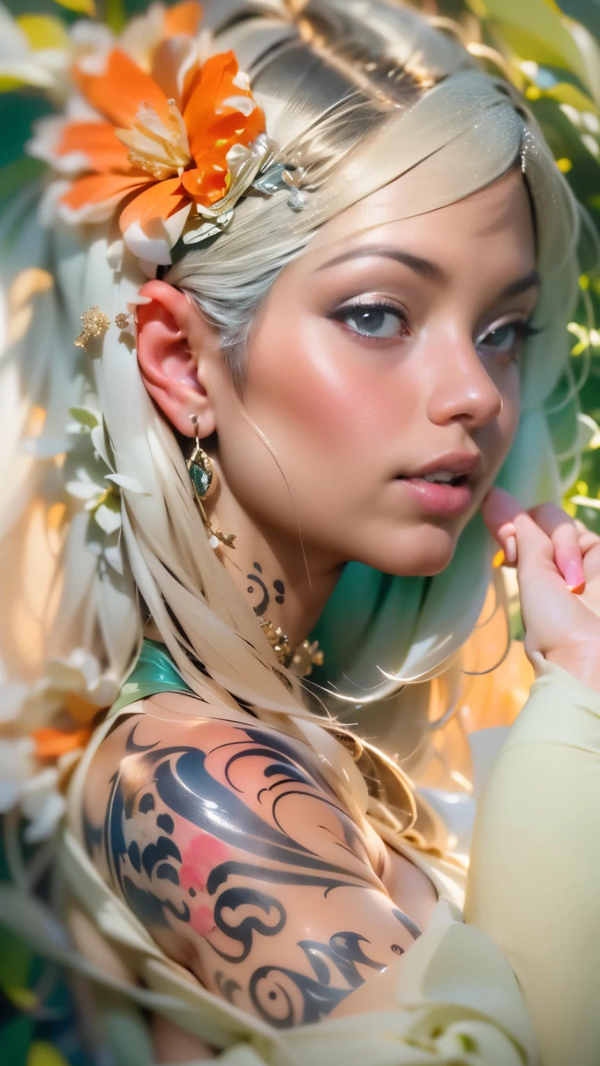 (Realistic Painting), (Best Quality, High Resolution, Photo Realistic: 1.37), (Vivid Colors), (Studio Lighting), (Orange, Pink, White, and Green Details), (Woman with White Hair), (Tattoos), (Technological clothing: 1.1), (Abstract background with lines and circles). ((best quality, high resolution, clear image, detailed background, girl, flower-t tattoo, starry sky)). ((Best quality: 1.37), (1 girl - solo, full-length, waist-high, loose - relaxed pose, standing), (fashionable pink dress, technological image)). ((Settings, soft light, shadows). (tech background - abstraction) HD detail, cinematic, surrealism, Soft light, Deep focus, ray tracing, Diffusion.
