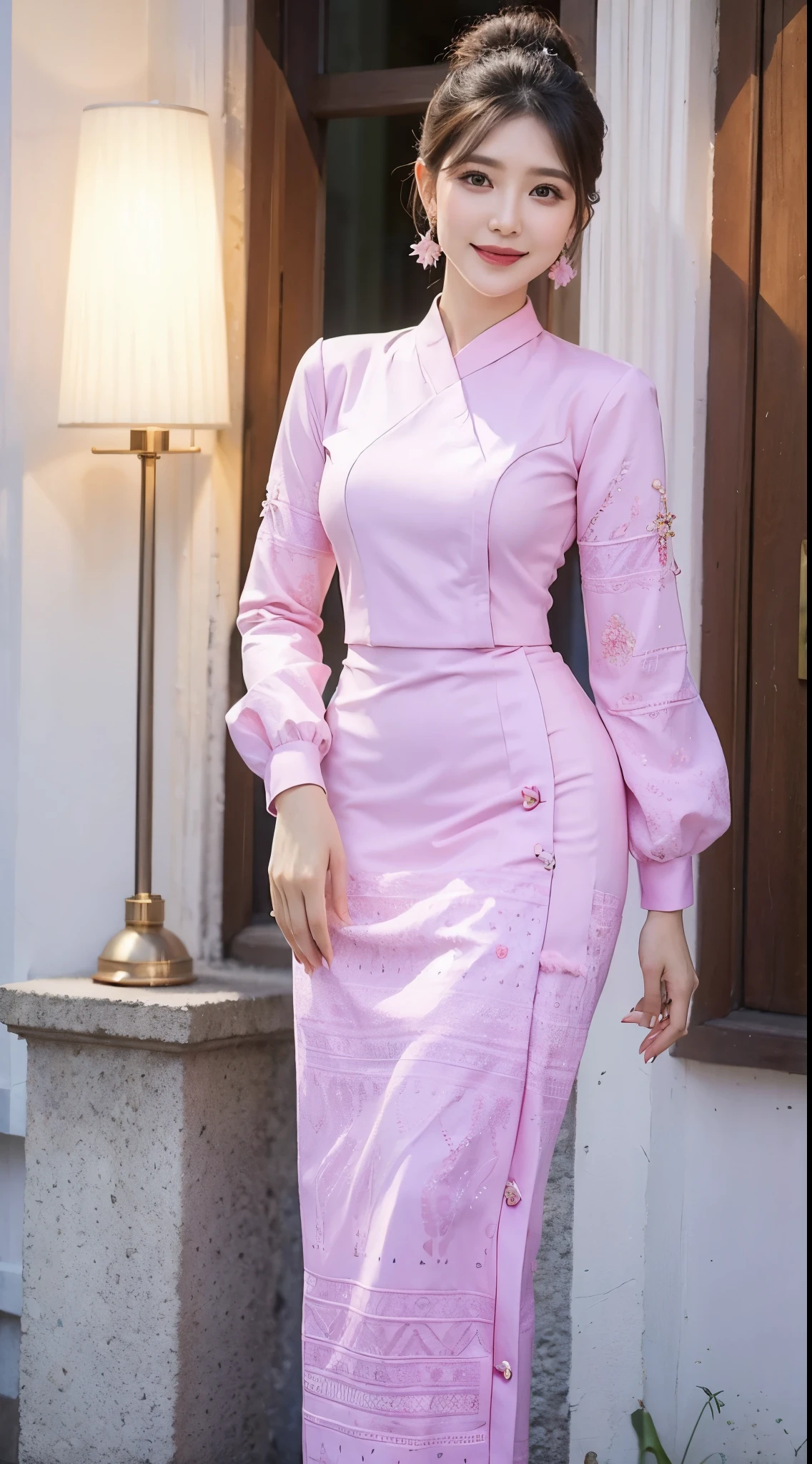 Master piace, high detail, full HD, beautiful, woman, 30 years, vibrant, colorful kmm dress, kmm, positivity, grace, flowing, figure, lively, cheerful, fashion, make-up,
