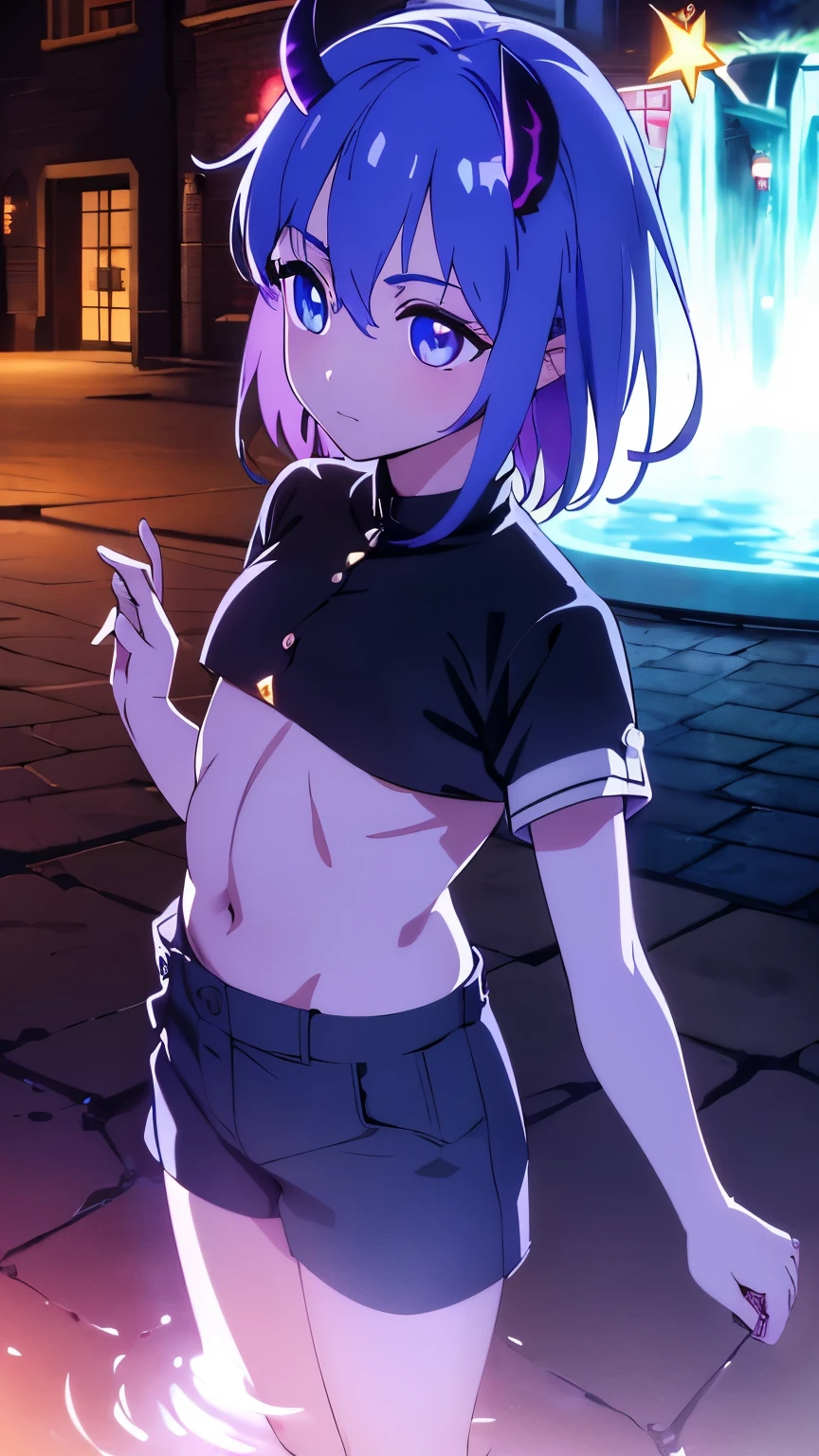 1 girl ,(big Stigmata), non binary, androgynous, School courtyard, (floating hair), ((in courtyard fountain)), character focus, ((black light)),((dark lighting)), cinematic lighting ,(darkness), (concept art), ((innocent face)), blue short straight hair, light blue hair color, dragonoid girl, short, short blue hairy, glowing bluish-purple horns, bluey-purple eye color, (glowing eyes), high resolution,(incredibly absurdres) ,extremely detailed CG unity 8k wallpaper, ((masterpiece)), ((top-quality)), (beautiful illustration), ((an extremely delicate and beautiful)), (masterpiece, Best quality, ultra high resolution), 1 girl, pale skin, Black Crown, purple eyes, Luminous_eyes, neon blue eyes, ultra detailed eyes, Beautiful and detailed face, detailed eyes, (Centered, torso), (wide shot:0.9), facing the viewer, Eye level, flat chested, flat chest, cup size AAA, Wearing black cargo shorts, sharp horns, blue horns on top of head, ((star shape in eyes))
