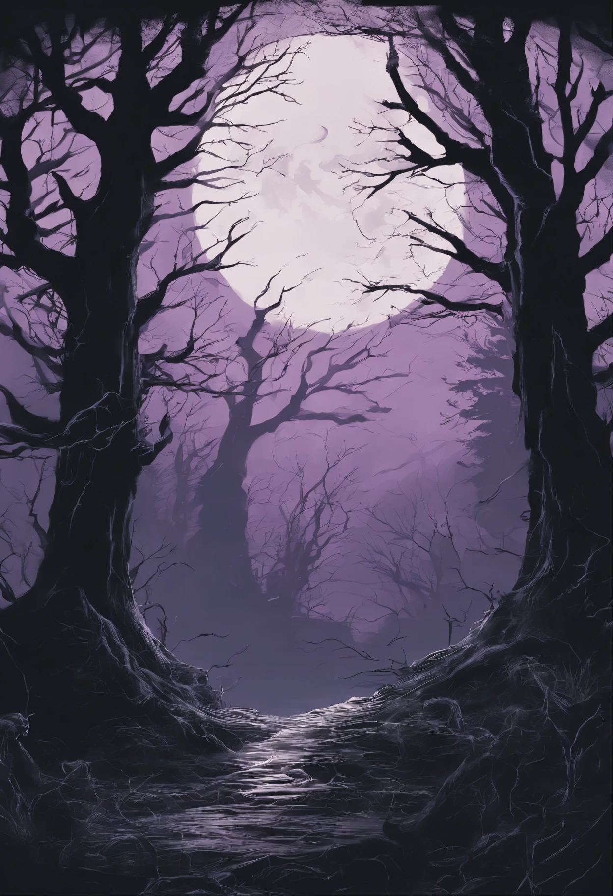 Create a spine-chilling t-shirt design inspired by a haunted path in the midst of a dark and eerie forest. The design should capture the sense of impending danger and mystery that lies within. Incorporate elements like gnarled trees, moonlit shadows, and eerie silhouettes to set the eerie atmosphere. You can also add haunting symbols or ghostly apparitions to enhance the supernatural ambiance. Remember to use a combination of chilling colors like deep purples, eerie greens, and haunting blacks to bring your design to life. Feel free to get creative and add your own unique twist to make it truly terrifying!