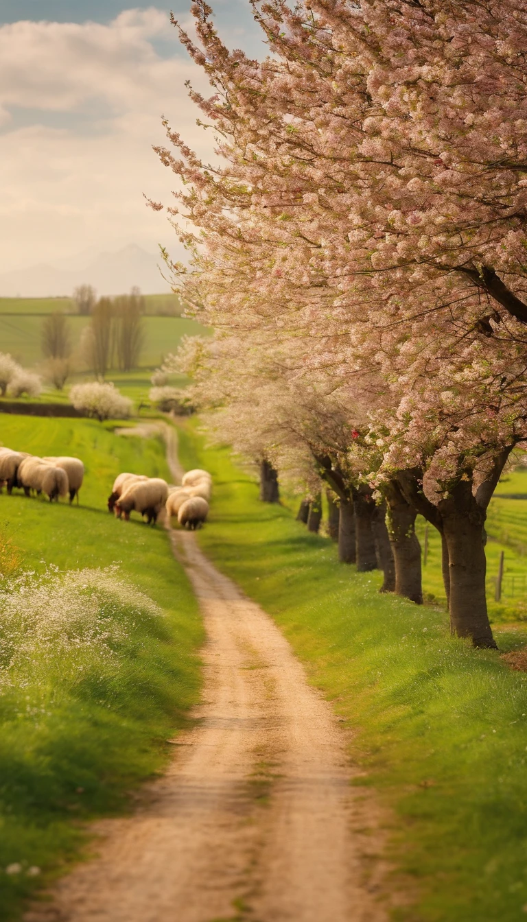Create an image of a charming farming road. All the animals eating grass, 8K, UHD, HD, rolls of cherry trees at large farm with trees blossom, bee keeper box around flowering trees