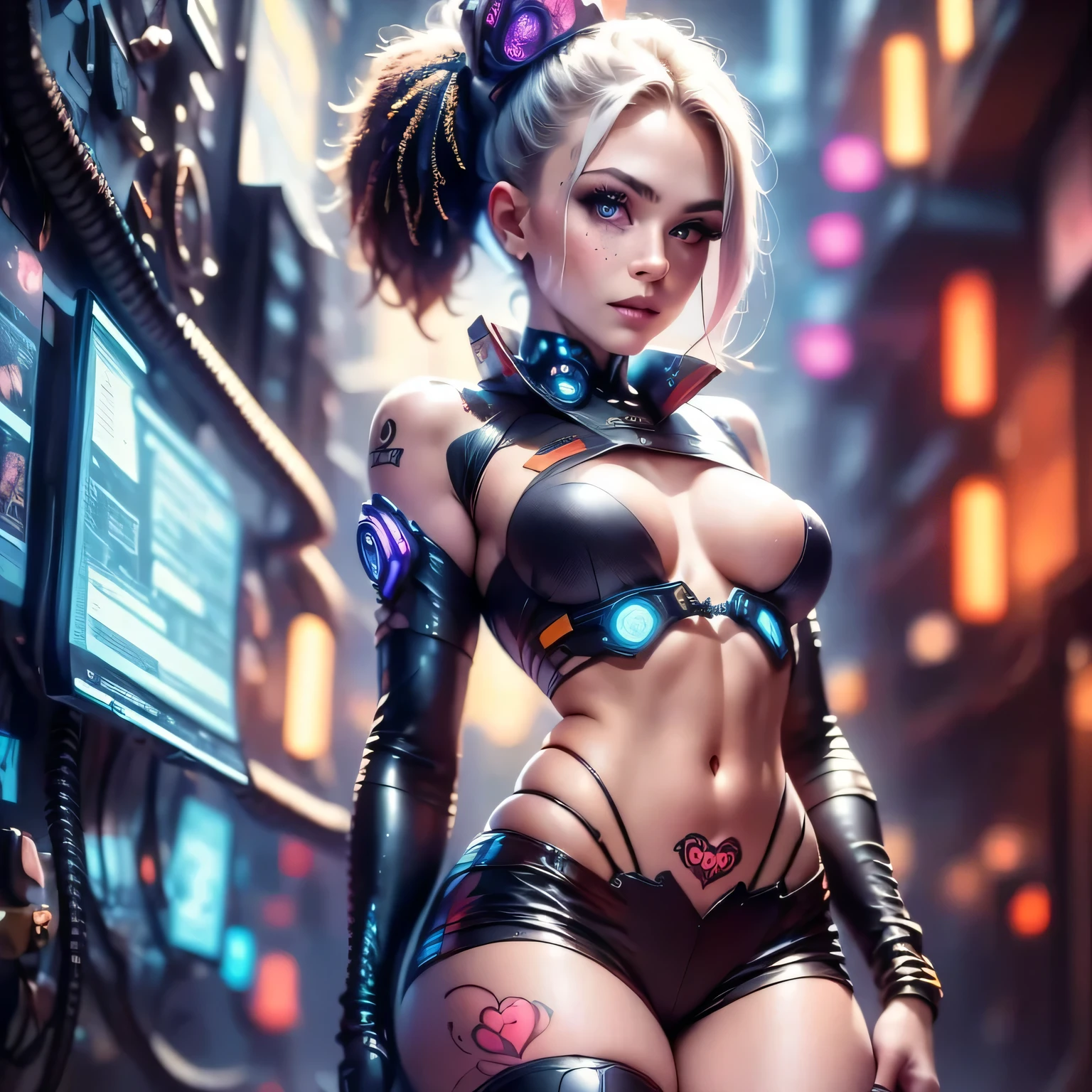 cyborg woman, with a visible detailed brain, musc"Describe a scene in the cyberpunk city of 2077 where a humanoid woman is present, focusing on the atmosphere and details of the alleyway she is in." Create an image, (full body: 1.5), (a young and beautiful girl: 1.5), 18 year old girl, in the Cyberpunk universe, in an alley in the chaotic city with night streets. The image must be photorealistic, (tattooed skin: 1.5), (Skin and face must be extremely detailed with visible pores: 1.5), (her heart-shaped Brazilian butt: 1.5), (small breasts and must be half-naked with nipples and pubic hair little sample: 1.5). The girl should be dressed in silk clothing, silk lace, short mesh shorts or short mesh blouse. (The main focus of the image should be the extremely detailed skin: 1.5), (the extremely beautiful and symmetrical face: 1, 5), (with ultra detailed eyes: 1.5). (Lighting must be perfect: 1.5), with high cinematic luminosity and increased twilight. A girl should have a seductive appearance, feminine expression, looking directly at whoever sees her. Punk hair, shaved on the side, shaved, must be detailed, with split bangs and freckles. The image must be of very high quality, with photorealistic rendering, ultra-high resolution and 8k image quality. Octane rendering techniques such as photon mapping, radiosity, and physical rendering with automatic white balance should be used. The image should convey a sense of technology and resemble a masterpiece of illustration and art. There must be elements of unity such as wallpaper and official art. The composition must present incredible details, delicacy and extreme beauty, with sharp and highly detailed focus. The background of neon lights, diffuse light, futuristic, orange light, cable, electricity, ornate, detail, windows with skyscrapers, science fiction, blue purple neon, rich and detailed, with a slight blur effect. The girl should look like a real person, but the final work should not be based on a specific photograph.