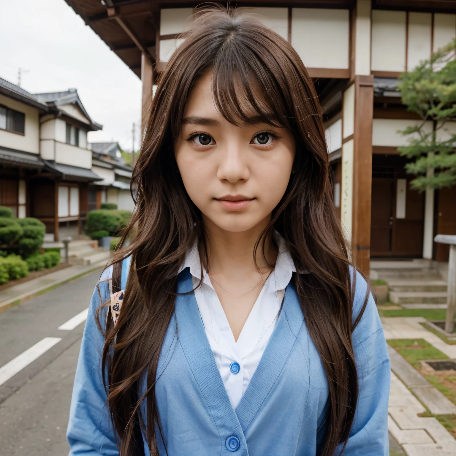 Japanese girl with long wavy brown hair, one eye blue and the other eye brown with Japanese school uniform