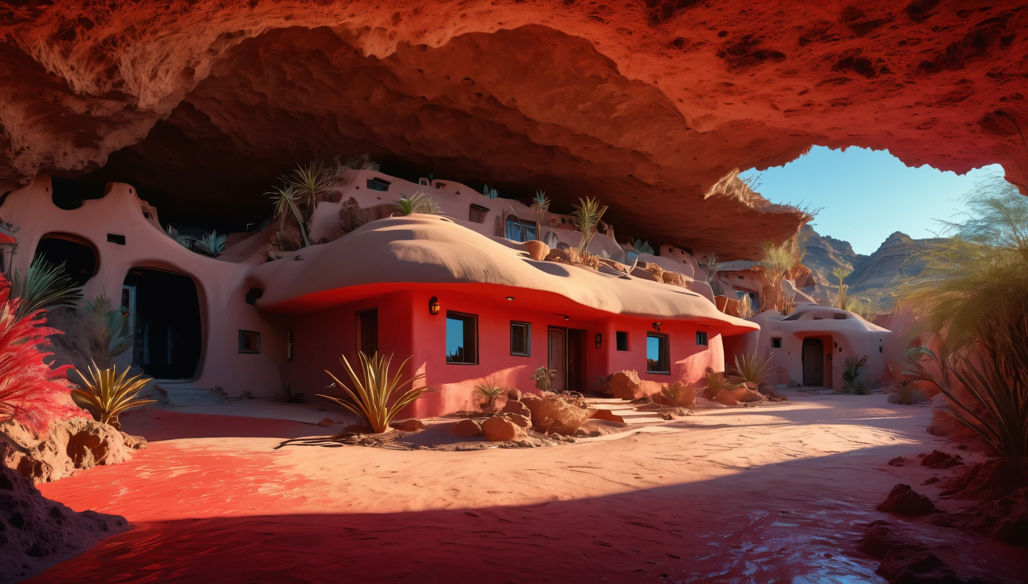 extraterrestrial image of a house made of adobe inside a cave in the desert, underground river with strange red vegetation,natural global light, volumetric light, maximum detail, 18k, hyper realistic