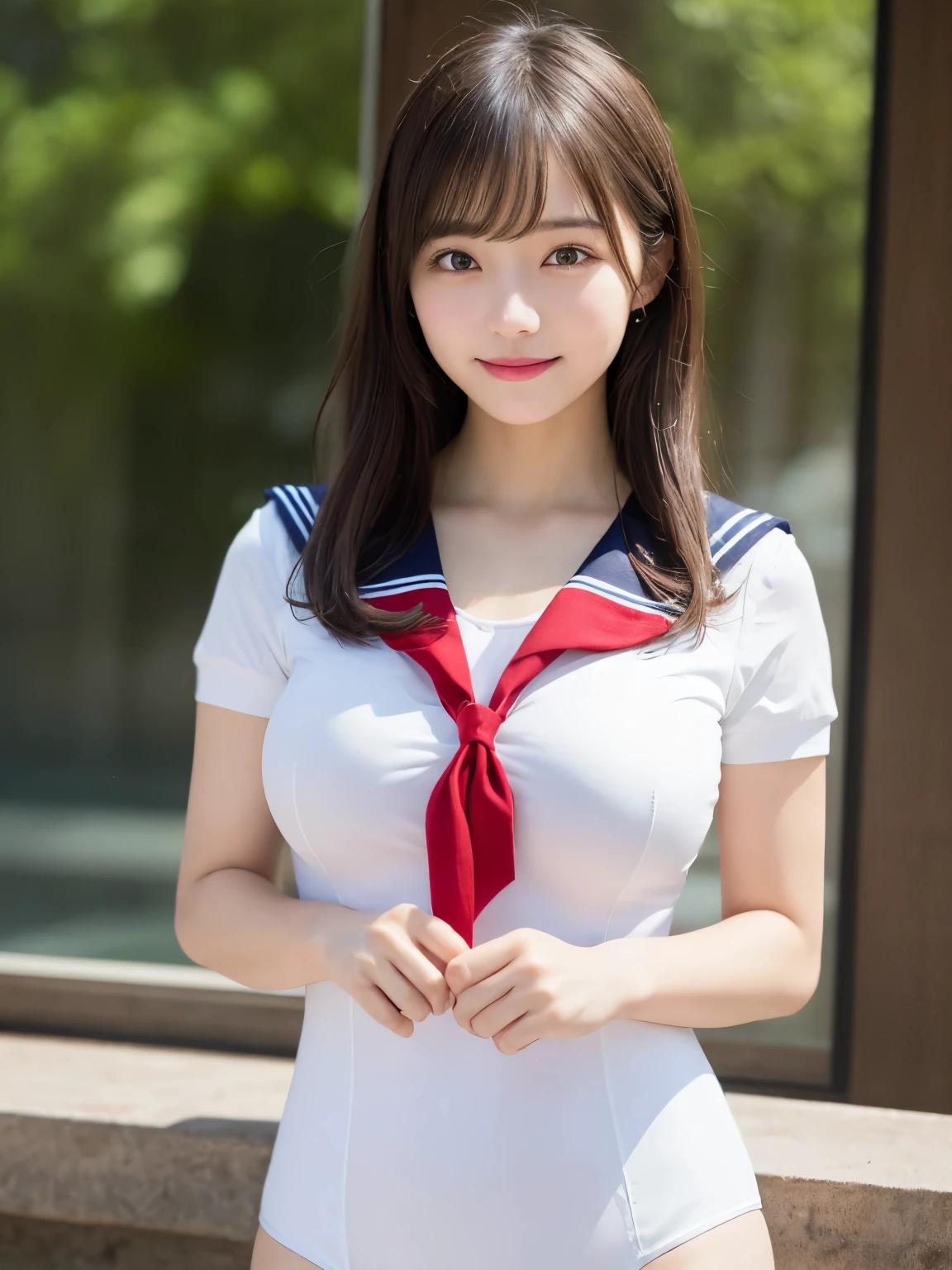 highest quality、High resolution、8k wallpaper、detailed and beautiful eyeedium hair、(beautiful big breasts:1.3)、natural color lip、大胆なsexy pose、smile、(A woman wearing a white short-sleeved sailor suit-style leotard:1.3)、((red tie))、20 year old girl、cute、living、Are standing、sexy pose、full body portrait