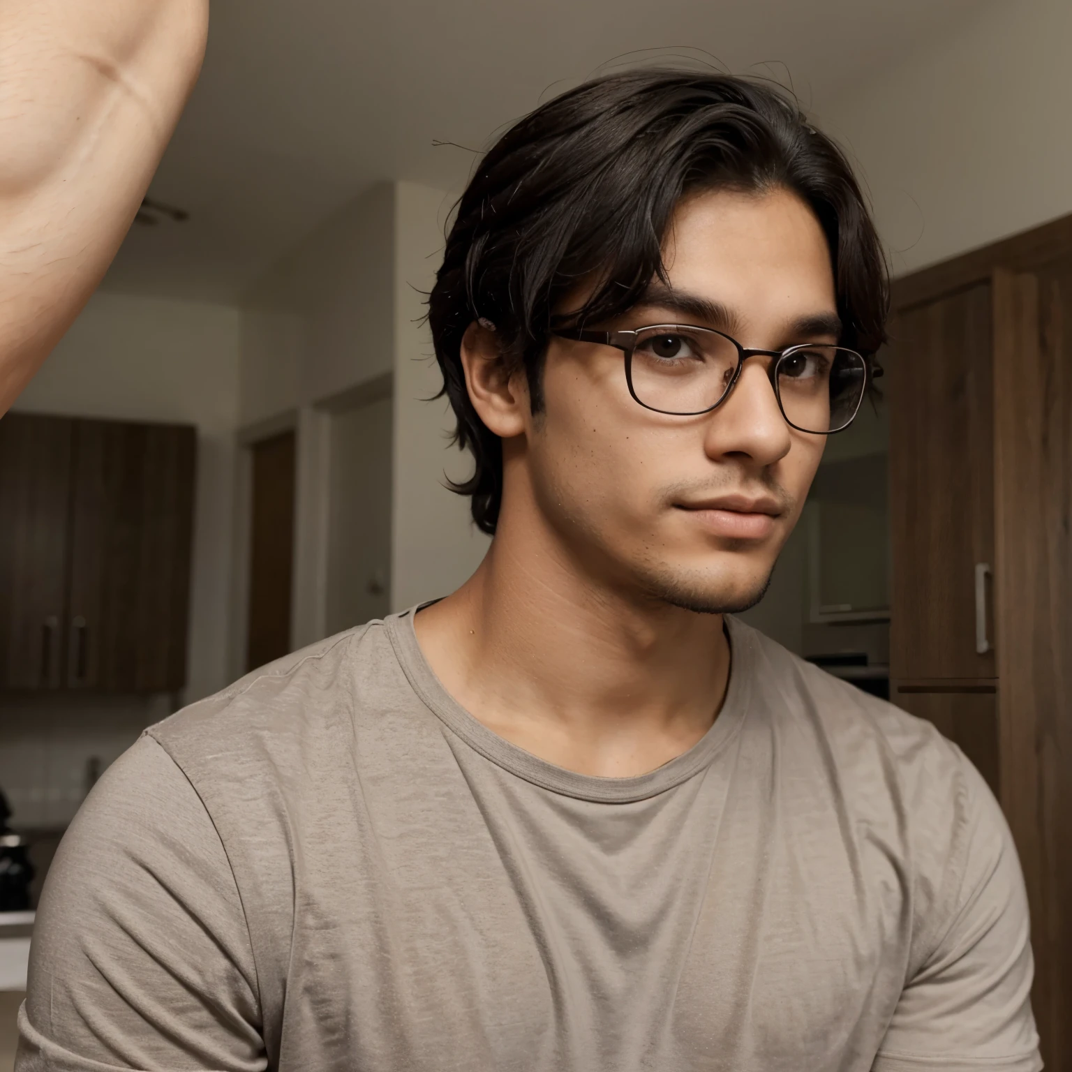 A sexy indian man sitting next to a window, looking at the camera seductively, beautiful room filled with books,and plants, sunlight coming from window , homoerotic, nsfw ,( focus mostly on the man), eye glasses