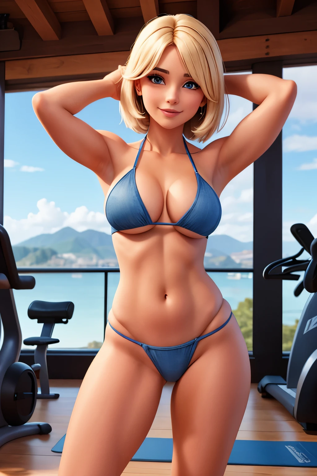 Uma garota sexy com cabelos castanhos, she is at the gym, wearing a denim-colored thong bikini