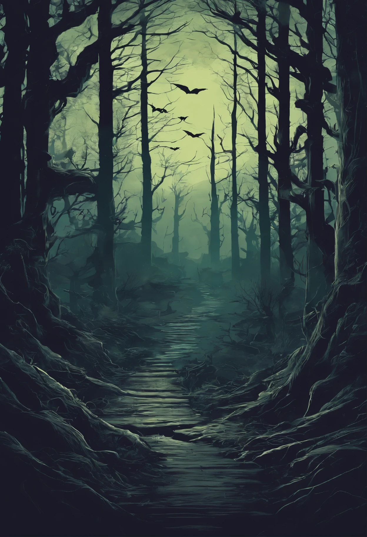 Create a spine-chilling t-shirt design inspired by a haunted path in the midst of a dark and eerie forest. The design should capture the sense of impending danger and mystery that lies within. Incorporate elements like gnarled trees, moonlit shadows, and eerie silhouettes to set the eerie atmosphere. You can also add haunting symbols or ghostly apparitions to enhance the supernatural ambiance. Remember to use a combination of chilling colors like deep purples, eerie greens, and haunting blacks to bring your design to life. Feel free to get creative and add your own unique twist to make it truly terrifying!