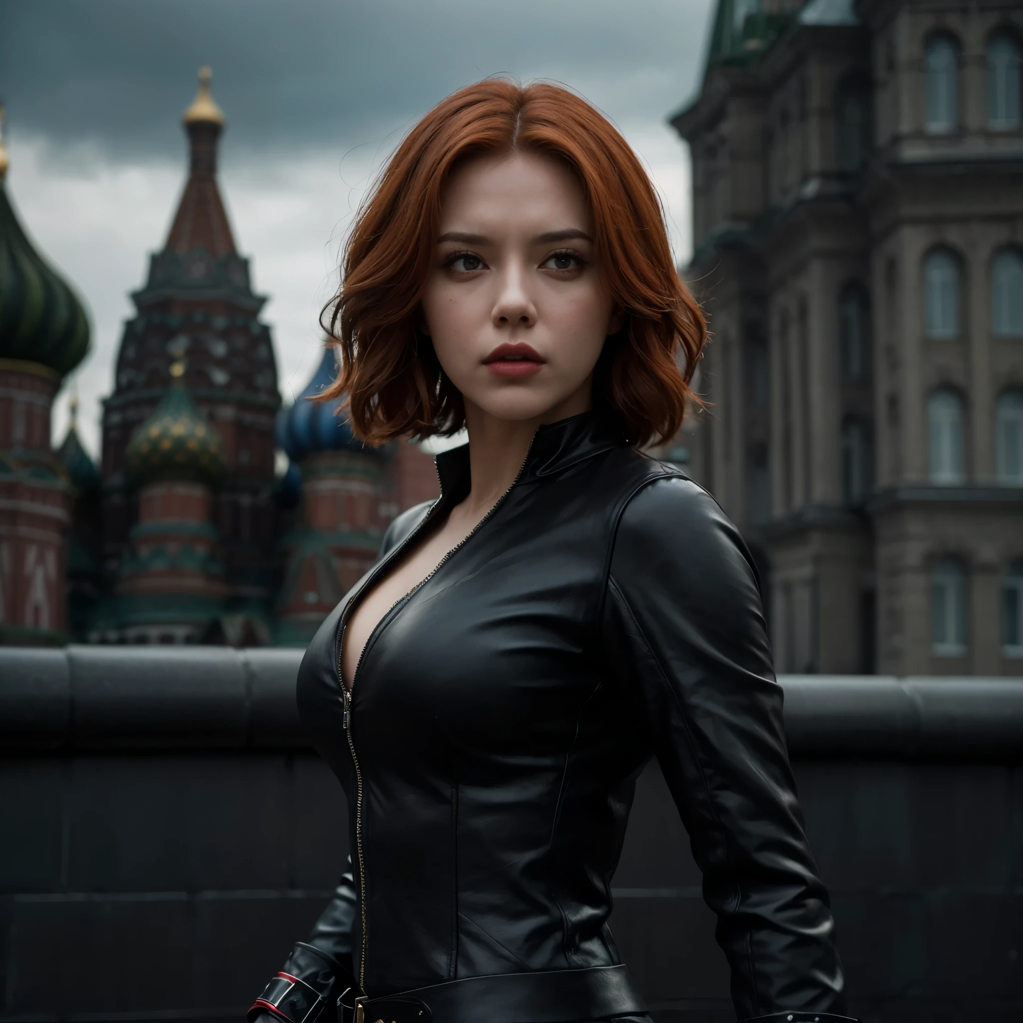(very sharp photo result, 2 people full body desaturated photo) (((textile shading))), (((Best Quality))), (((masterpiece))), (((hyper realistic photo))) hyper realistic scenery moment, detail sharp photography, gloomy mood, midnight, dark sky, marvel character: Natasha Romanova The black widow, intense eye glows at camera, action pose, beautiful with short red hair, detail body & detail facial, flicker natural, action pose styling, wearing classic costume black leather with gauntlet bracelet guns, kremlin building in moscow city as the background, cinematic scene