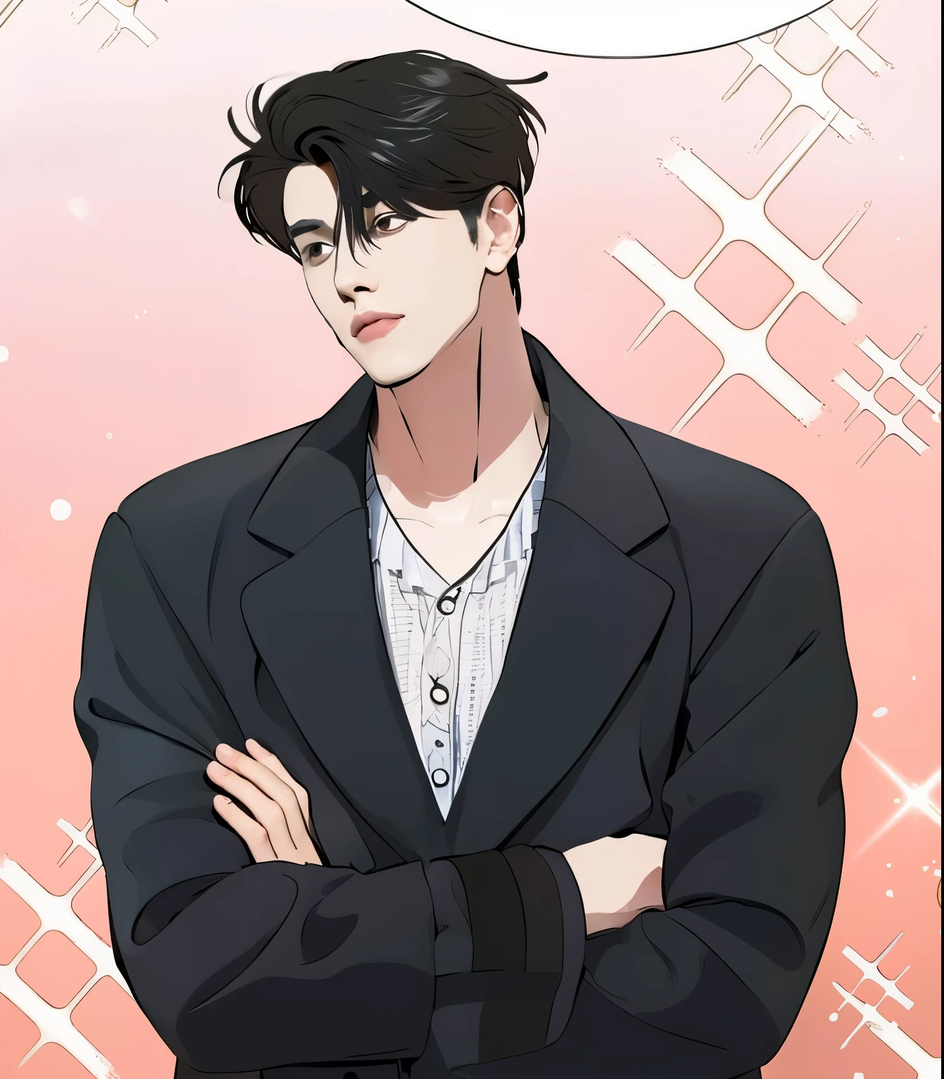 Man, black hair, black coat over grey shirt