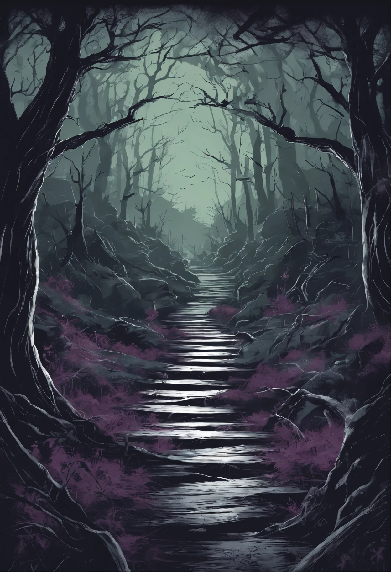 Create a spine-chilling t-shirt design inspired by a haunted path in the midst of a dark and eerie forest. The design should capture the sense of impending danger and mystery that lies within. Incorporate elements like gnarled trees, moonlit shadows, and eerie silhouettes to set the eerie atmosphere. You can also add haunting symbols or ghostly apparitions to enhance the supernatural ambiance. Remember to use a combination of chilling colors like deep purples, eerie greens, and haunting blacks to bring your design to life. Feel free to get creative and add your own unique twist to make it truly terrifying!