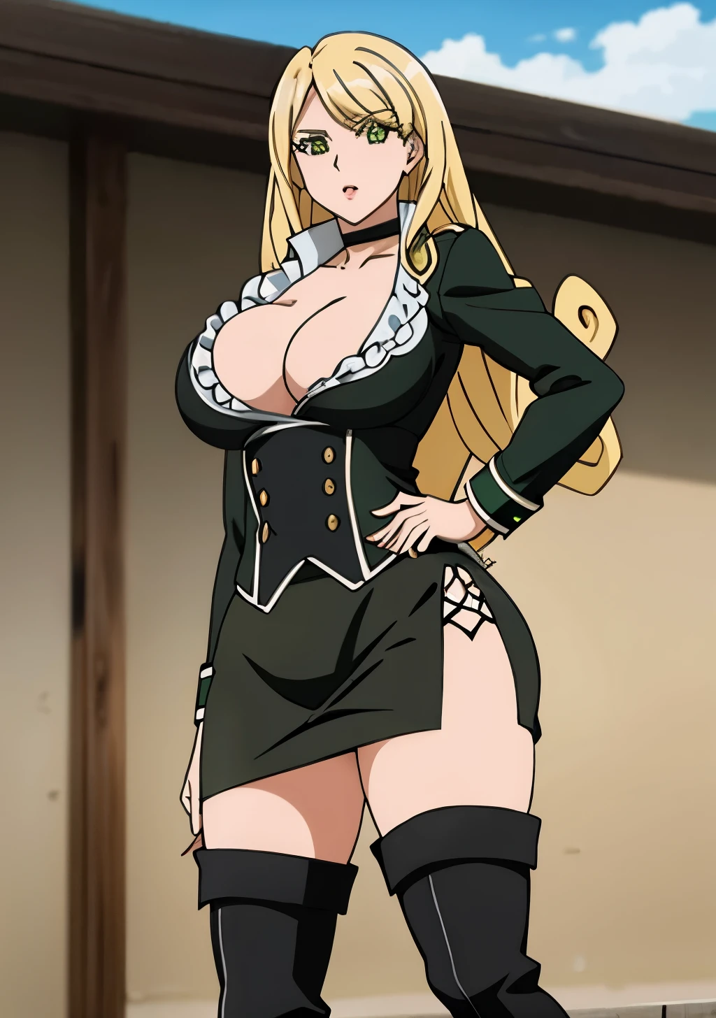 blonde hair, green eyes, busty, thick, long hair, yellow eyes, black choker, cleavage, large breasts, looking at viewer, miniskirt, side slit, black pencil skirt, black footwear, thigh boots, high heel boots, thighhighs,