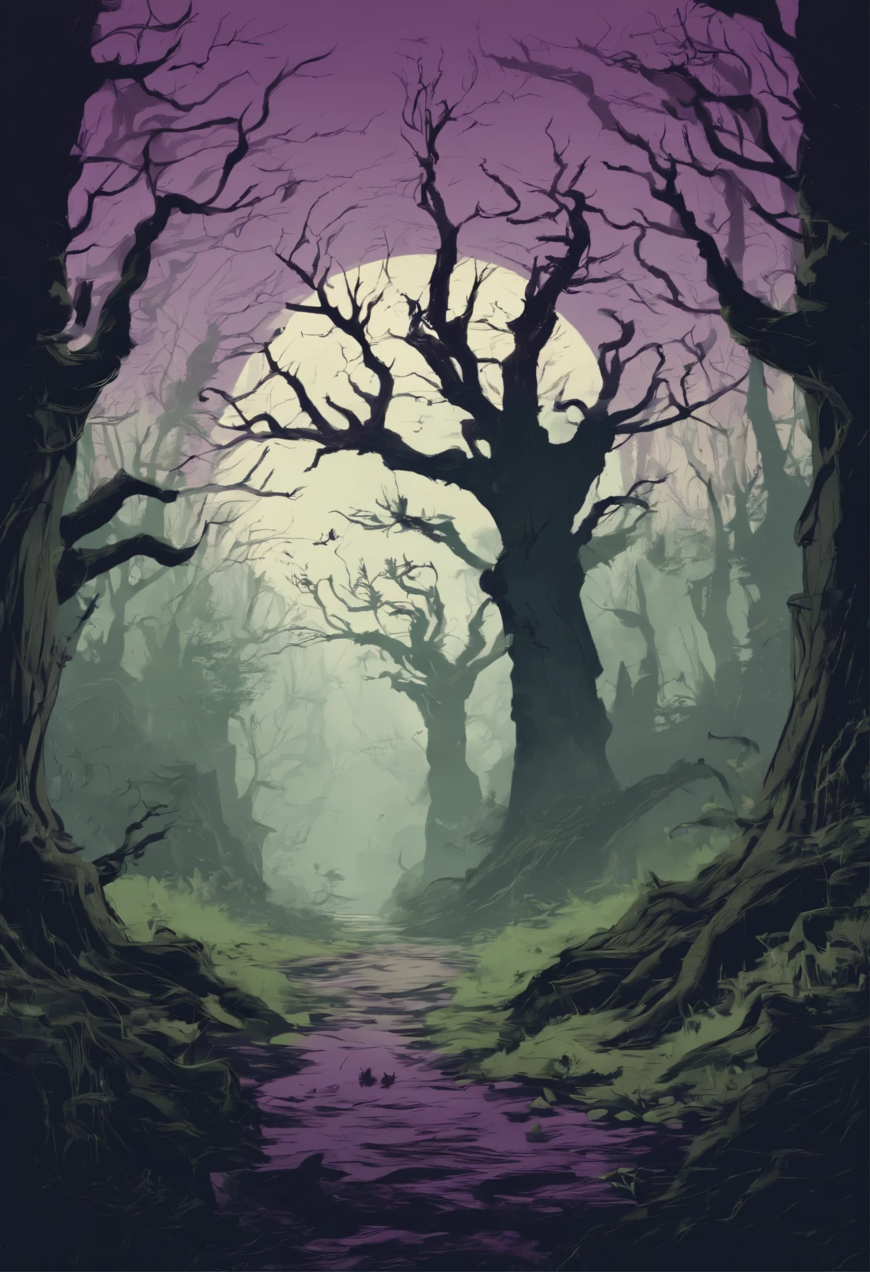 Create a spine-chilling t-shirt design inspired by a haunted path in the midst of a dark and eerie forest. The design should capture the sense of impending danger and mystery that lies within. Incorporate elements like gnarled trees, moonlit shadows, and eerie silhouettes to set the eerie atmosphere. You can also add haunting symbols or ghostly apparitions to enhance the supernatural ambiance. Remember to use a combination of chilling colors like deep purples, eerie greens, and haunting blacks to bring your design to life. Feel free to get creative and add your own unique twist to make it truly terrifying!