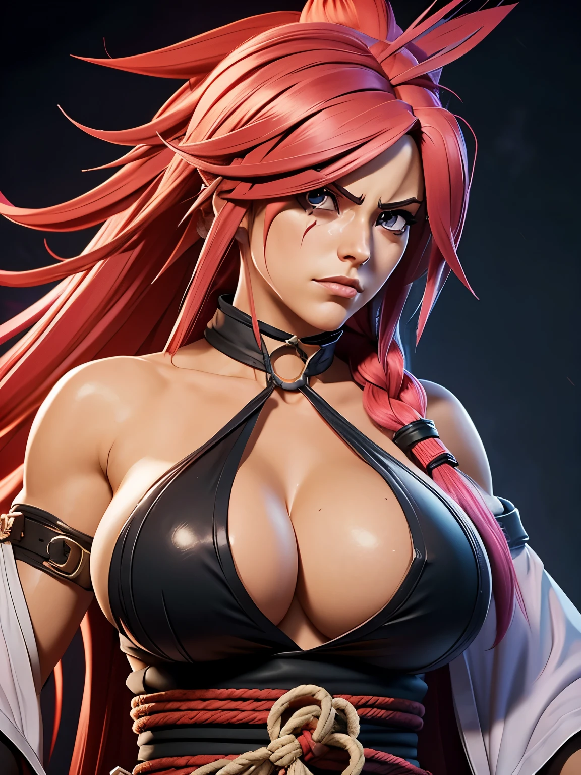 Baiken, guilty gear, melhor qualidade, ultra high resolution,detailed facial features,HDR,8k resolution, big breasts, big hair, gloves, huge breasts, large breasts, looking at viewer, one eye, pink hair, rope belt, scar, Eye patch 