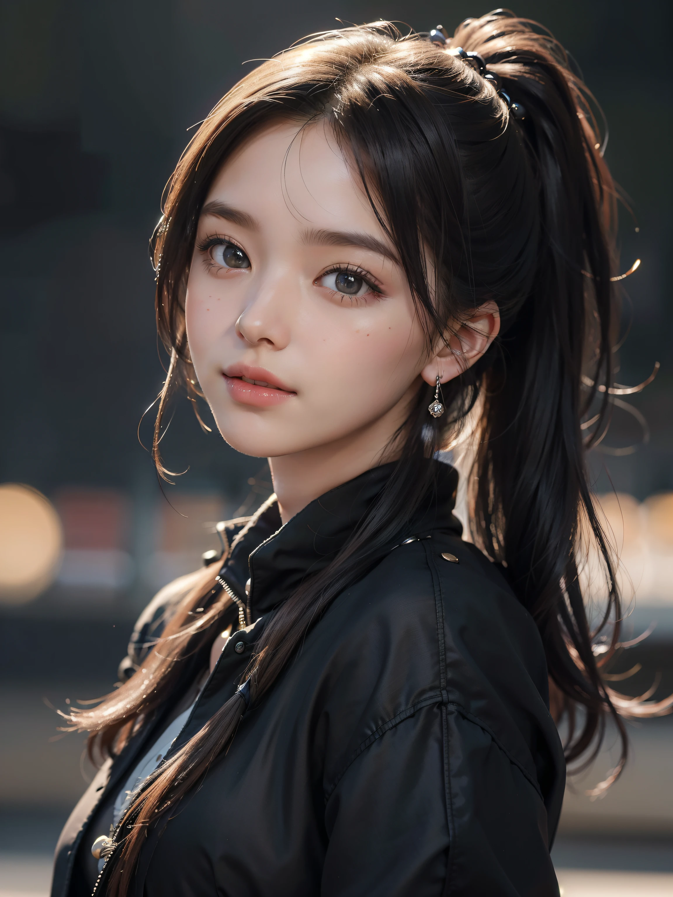 highest quality, shape, Super detailed, finely, High resolution, 8k wallpaper, 完璧なダイナミックな構shape, beautiful and detailed eyes, ,cute hairstyle, small breasts, natural color lip, random sexy pose,cute smile,、20 year old girl、beautiful and detailed face、perfect and beautiful face,Big eyes、wear black outerwear、beautiful and detailed face、perfect and beautiful double eyelids、blur the background、perfect and beautiful face、Feminine poses、blur the background