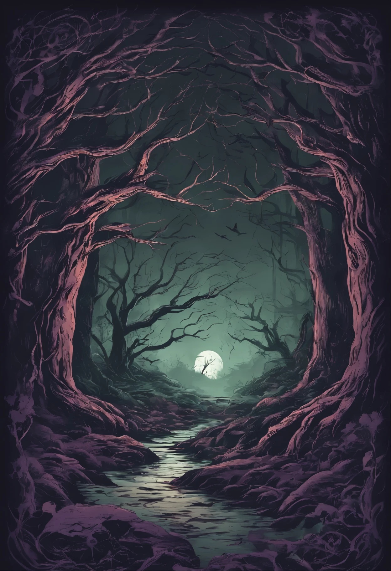 Create a spine-chilling t-shirt design inspired by a haunted path in the midst of a dark and eerie forest. The design should capture the sense of impending danger and mystery that lies within. Incorporate elements like gnarled trees, moonlit shadows, and eerie silhouettes to set the eerie atmosphere. You can also add haunting symbols or ghostly apparitions to enhance the supernatural ambiance. Remember to use a combination of chilling colors like deep purples, eerie greens, and haunting blacks to bring your design to life. Feel free to get creative and add your own unique twist to make it truly terrifying!