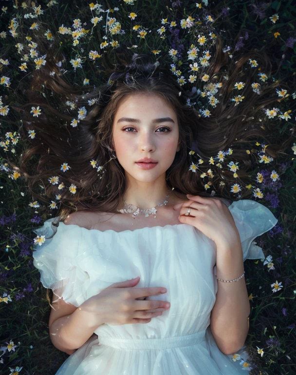 (best quality,4k,8k,highres,masterpiece:1.2),ultra-detailed,(realistic,photorealistic,photo-realistic:1.37),portrait,beautiful lady,lying on,white flowers,nature,soft lighting,serene expression,flowing hair,elegant dress,subtle blush,pink hues,vivid colors,ethereal atmosphere,colorful meadow,delicate petals,lush greenery,gentle breeze,faint fragrance,feminine beauty,graceful pose,peaceful surroundings