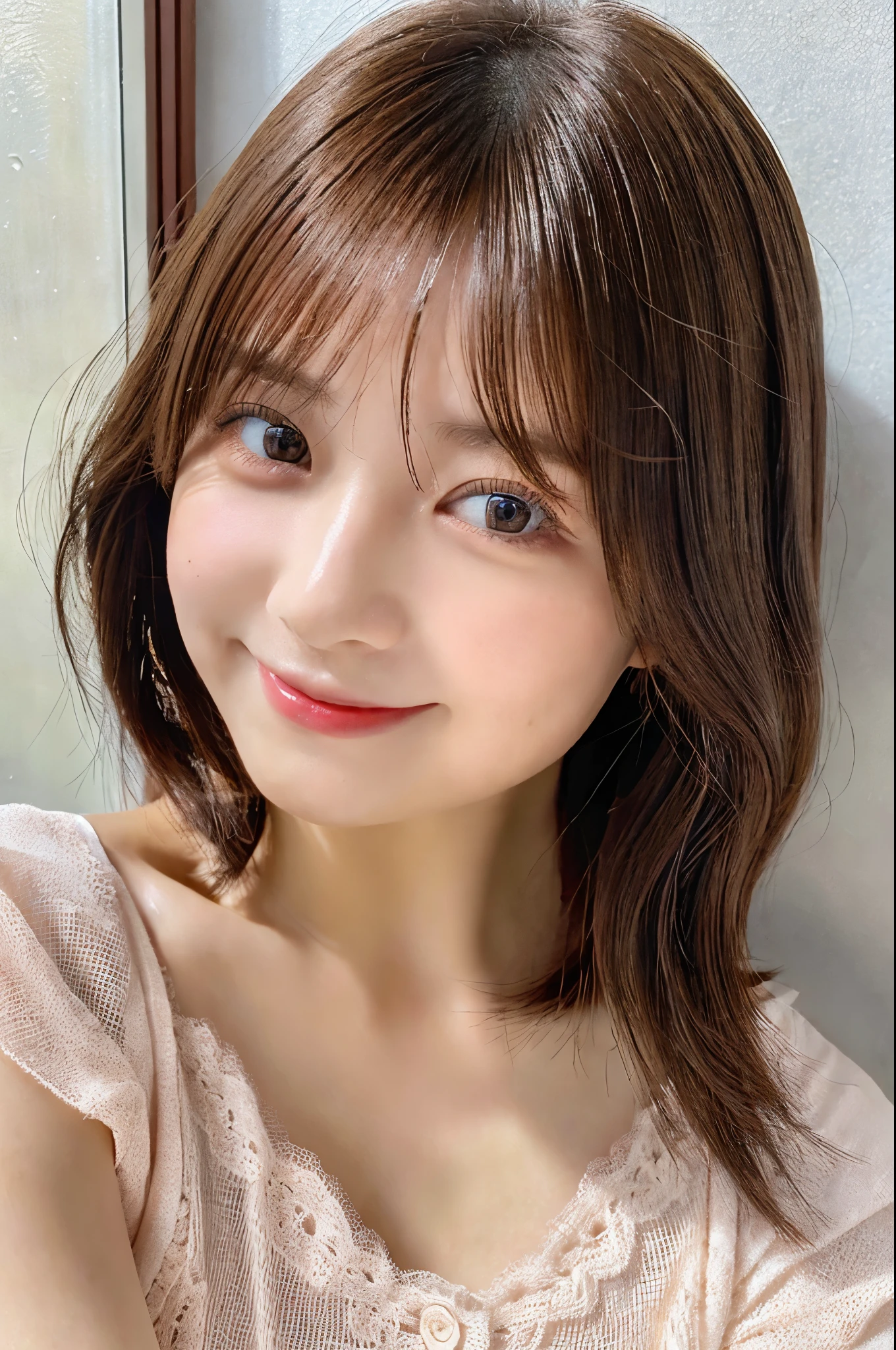 (8K, Photoreal, Raw photo, best image quality), Japanese high school girl、(random hairstyle)、cleavage、super detail face、eye for details、double eyelid、Beautiful woman、light brown hair、highest quality、masterpiece、超A high resolution、Shy Smile、thin、short haired、Bra Top、Full Body Shot