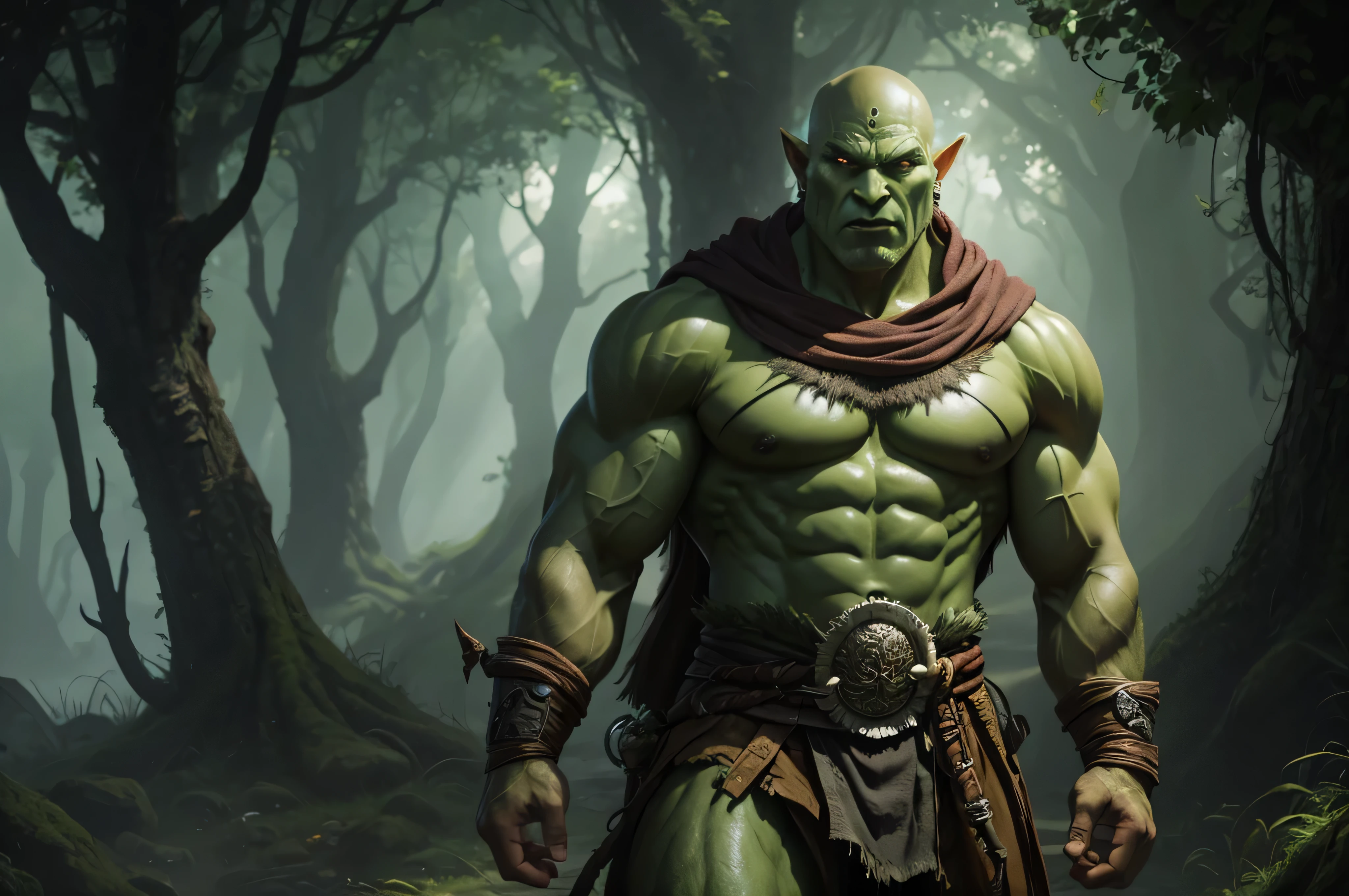 um druida meio-orc com um corpo musculoso, corpo careca e pele verde-acinzentada (arte digital, arte de fantasia, arte de RPG)