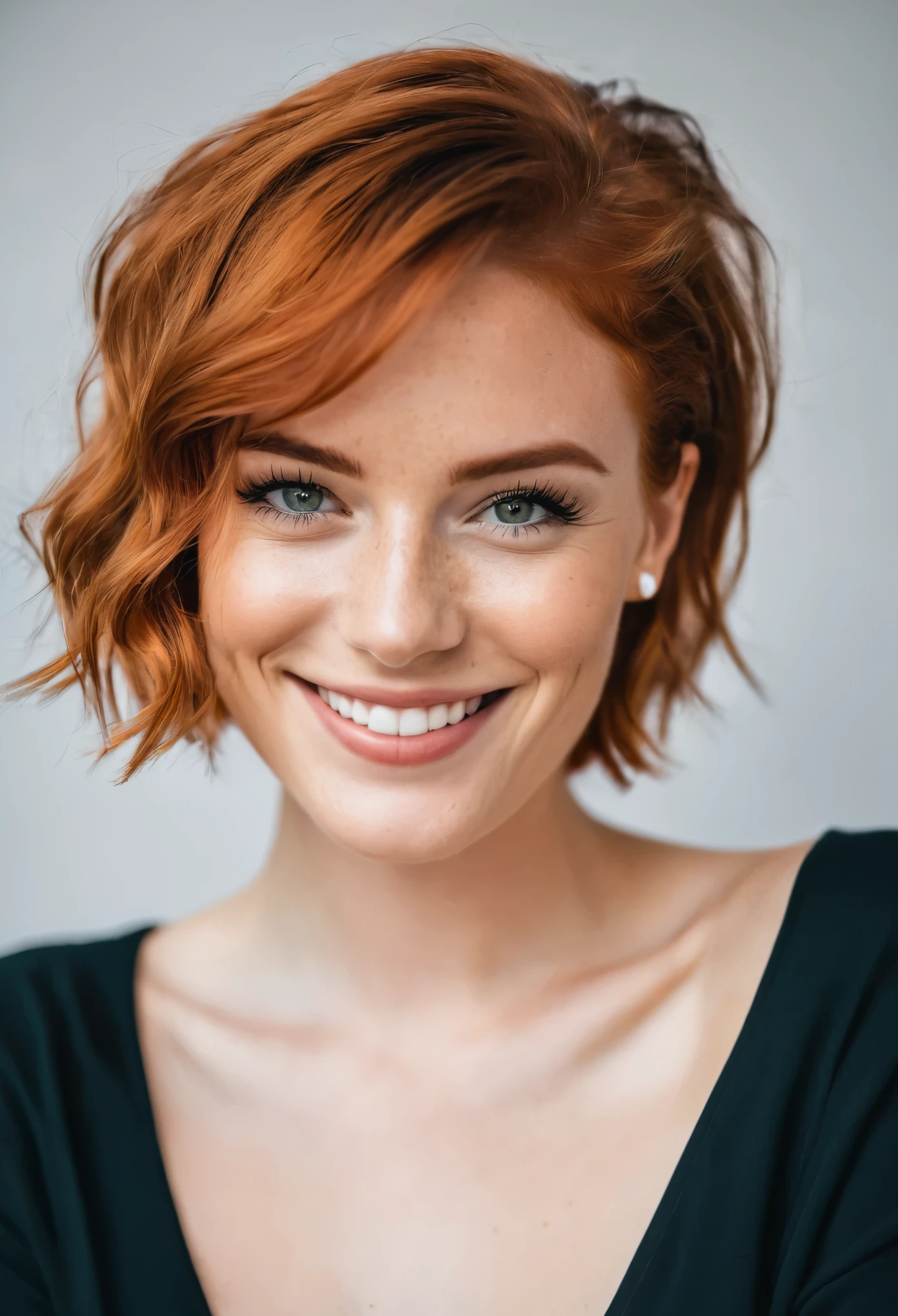 "Imagine a 26-year-old woman, smiling, redheaded, with short hair that exudes confidence and style. Her beauty is captivating, her eyes convey determination and her posture reflects an aura of authenticity. This image is the embodiment of feminine power and elegance modern. As an influencer, how would you portray yourself to inspire your followers to embrace their own individuality and inner strength?"