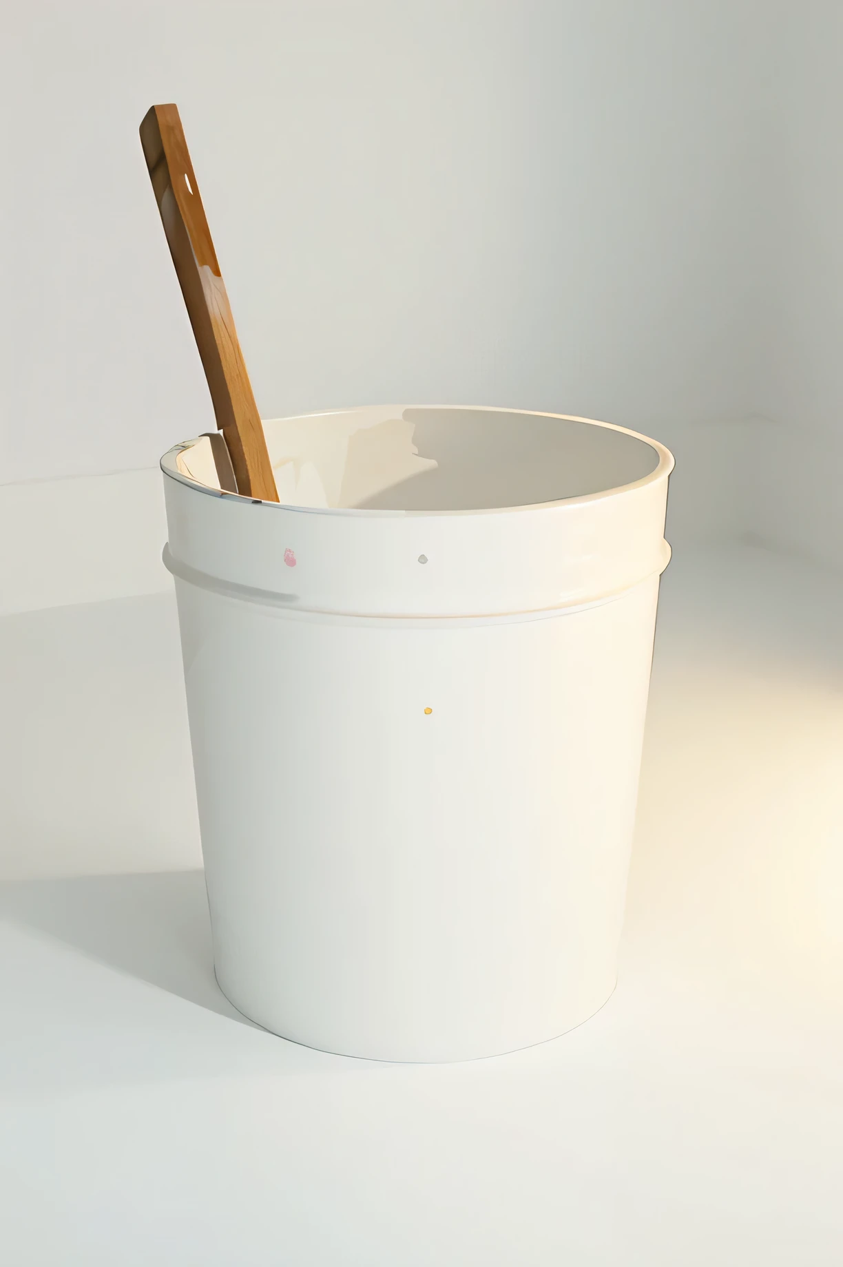 generates a realistic image of a white plastic paint pot with flat lighting on a white background with paint stains