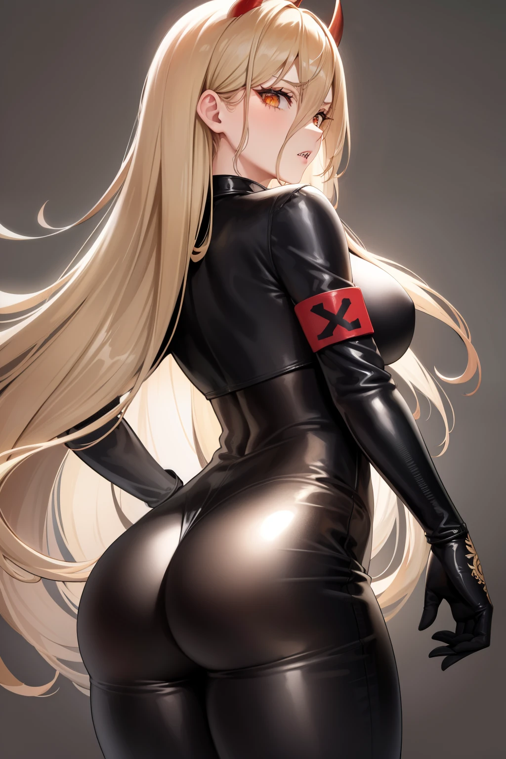 1girl, PowerV2, long hair, blonde hair, (red horns:1.1), (cross-shaped pupils:1.3), symbol-shapedpupils, yellow eyes, sharp teeth, 
BREAK wear tight black latex clothes
BREAK black tight latex pants, view from behind,
BREAK indoors, office, 
BREAK (masterpiece:1.2), best quality, high resolution, unity 8k wallpaper, (illustration:0.8), (beautiful detailed eyes:1.6), extremely detailed face, perfect lighting, extremely detailed CG, (perfect hands, perfect anatomy),