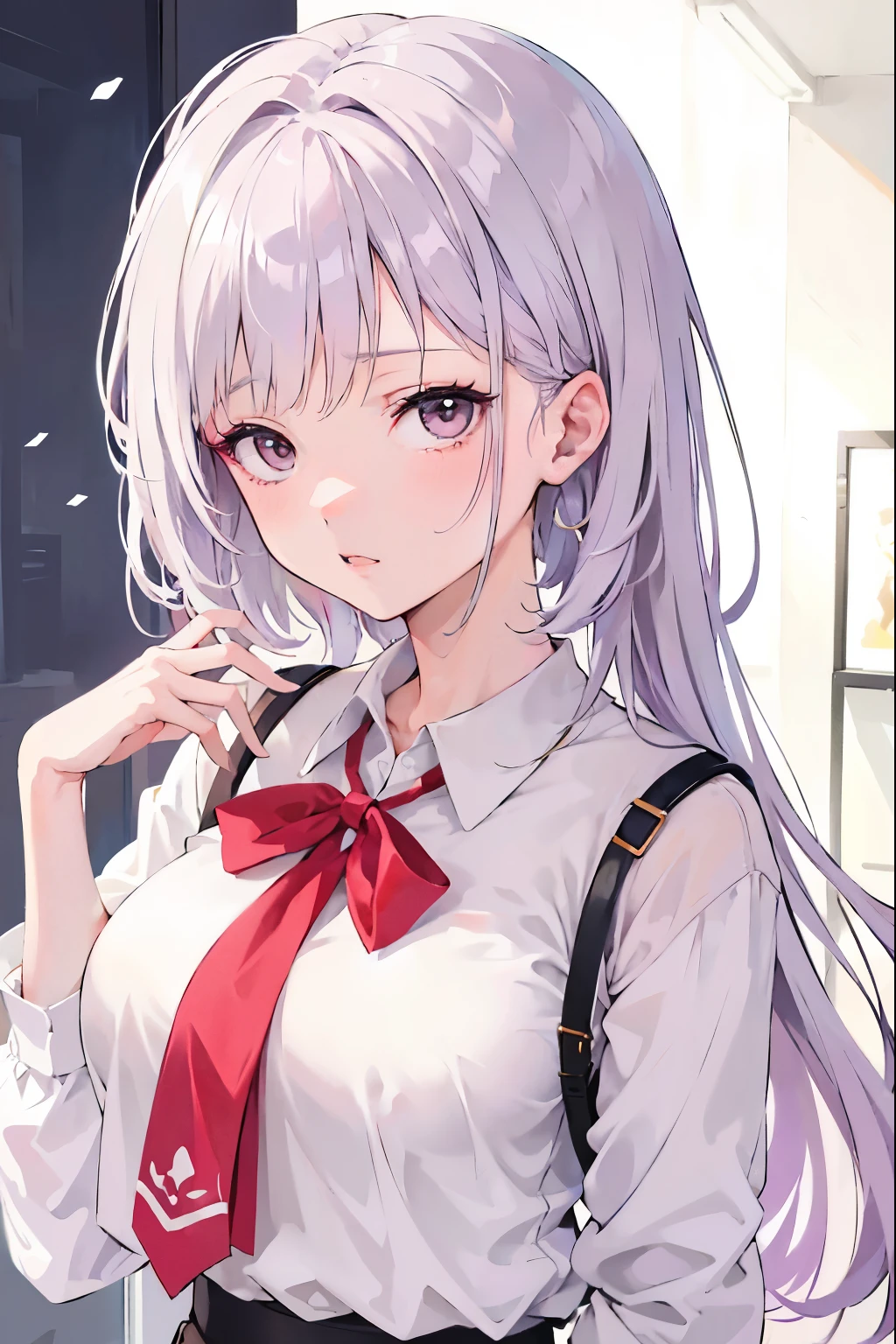 Chica anime con cabello morado, camisa blanca y bolso negro., Chica con pelo corto y blanco., anime visual de una linda chica, joven chica anime, una chica anime, chica anime atractiva, realistic joven chica anime, estilo anime, chica con pelo blanco, retrato chica anime, portrait of una chica anime, realistic anime art style, estilo anime limpio y detallado