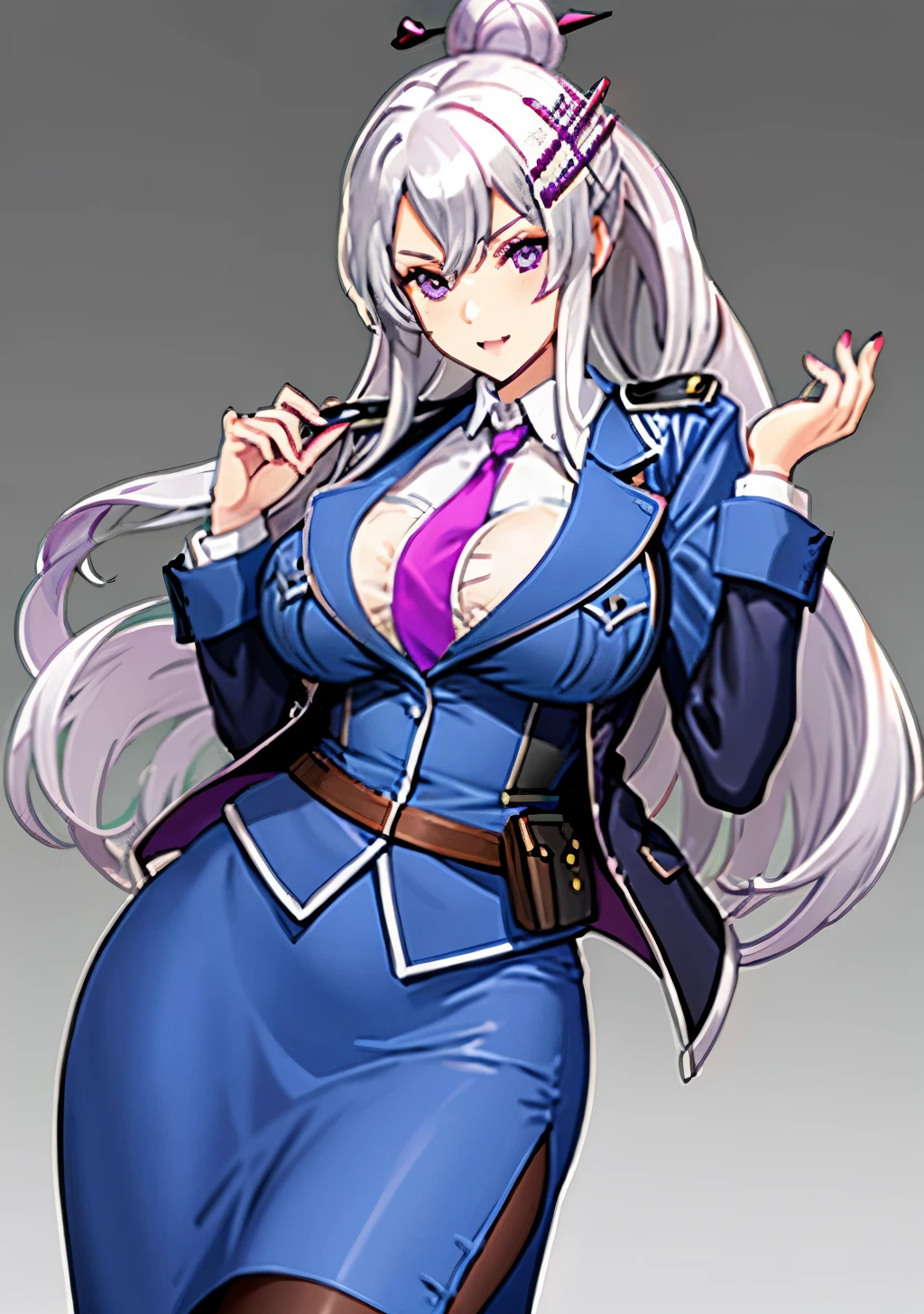 BUSTY, BIG TITS, FROLAYTIA CAPISTRANO, LONG HAIR, BANGS, HAIR ORNAMENT, (PURPLE EYES:1.3), WHITE HAIR, HAIR BUN, SINGLE HAIR BUN, 
SHIRT, JACKET, WHITE SHIRT, PANTYHOSE, NECKTIE, COLLARED SHIRT, BELT, UNIFORM, BLUE SKIRT, BLACK PANTYHOSE, MILITARY, FORMAL, BLUE JACKET, RED NECKTIE, PENCIL SKIRT, POCKET, HAIR STICK,