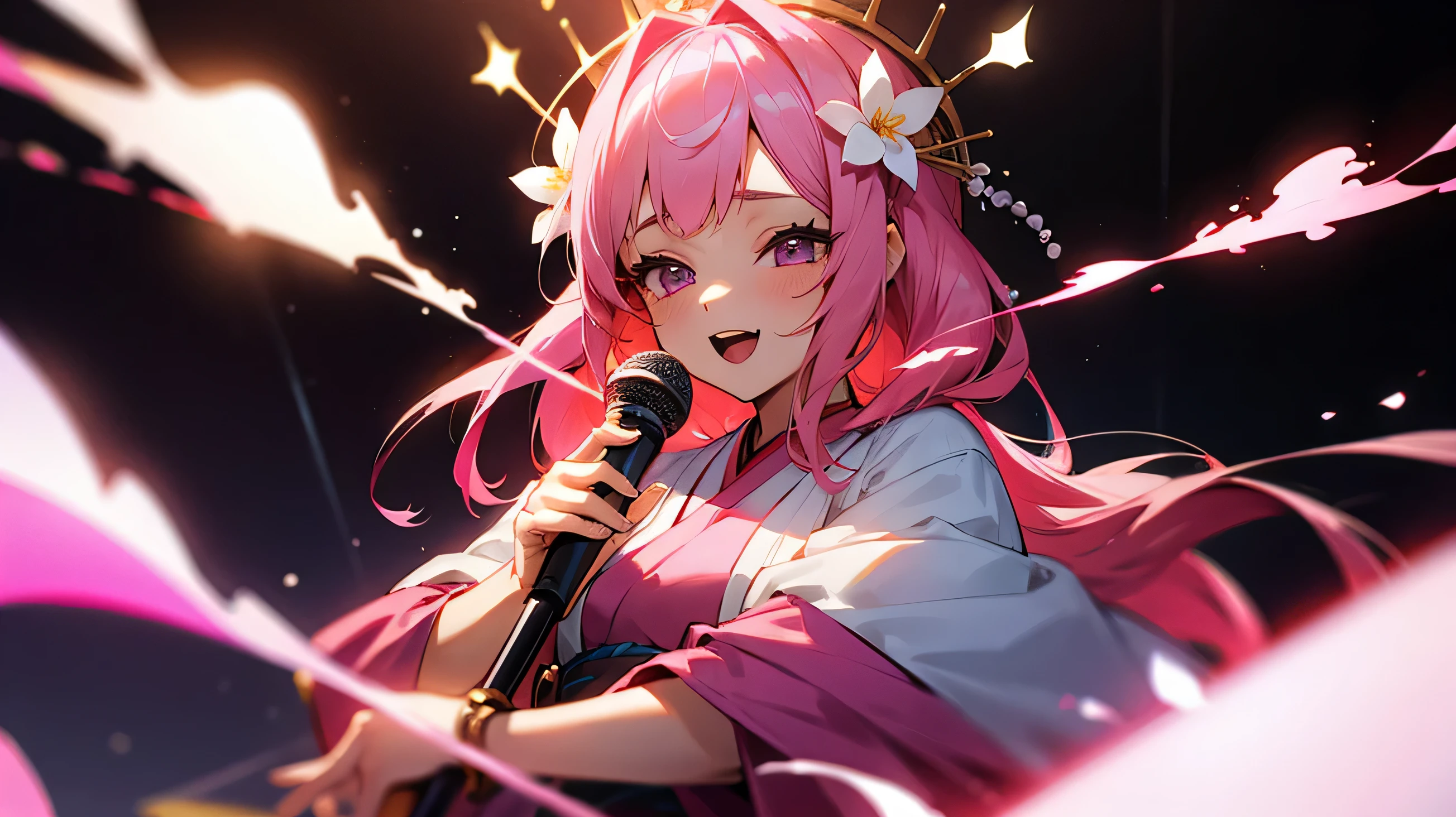 1 chica, pelo largo y rosa, traje de princesa rosa, corona de flores, in a japanese karaoke, Cyalume iluminando la fiesta, disco, with a microphone in his hands