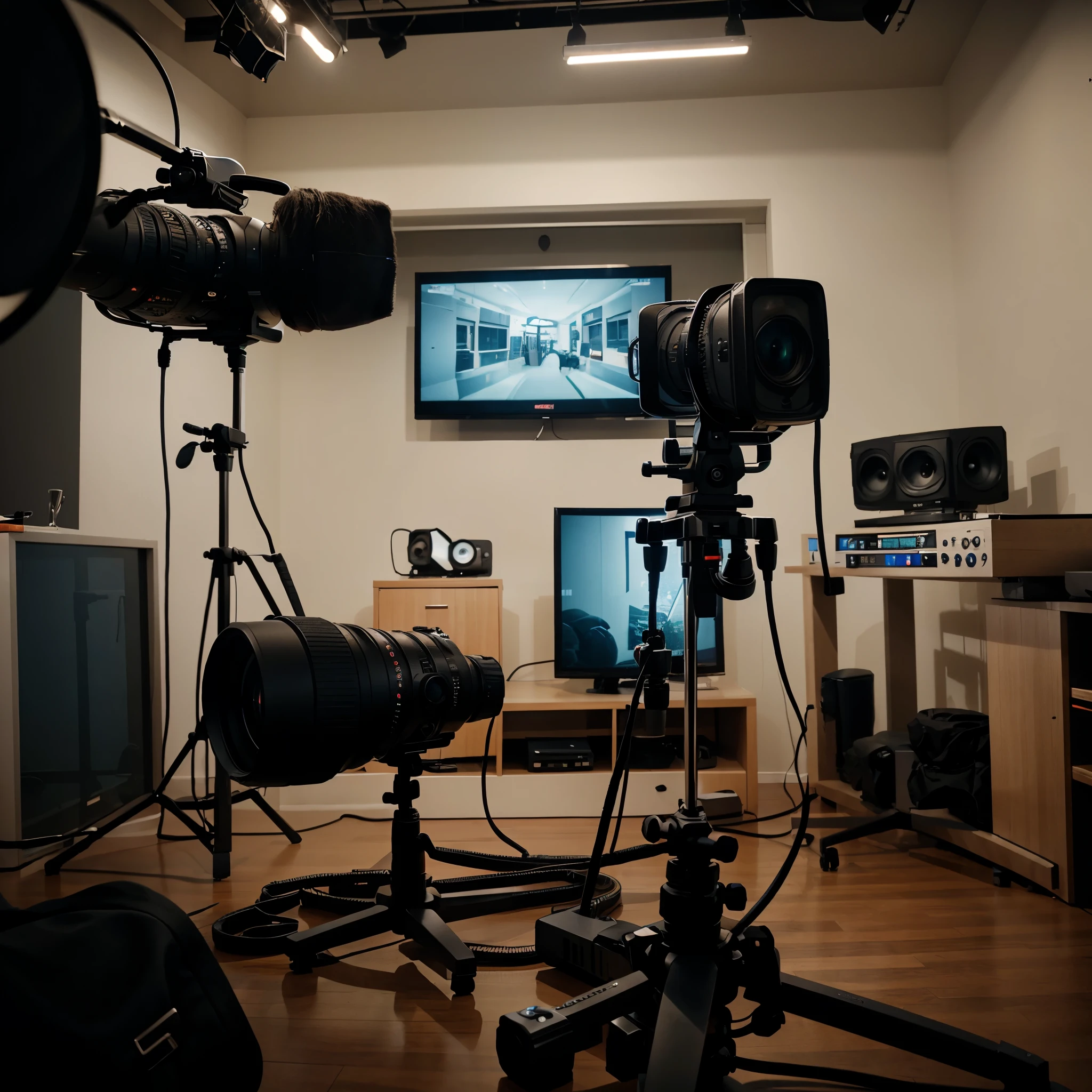 A studio to broadcast news with microphones and cameras 