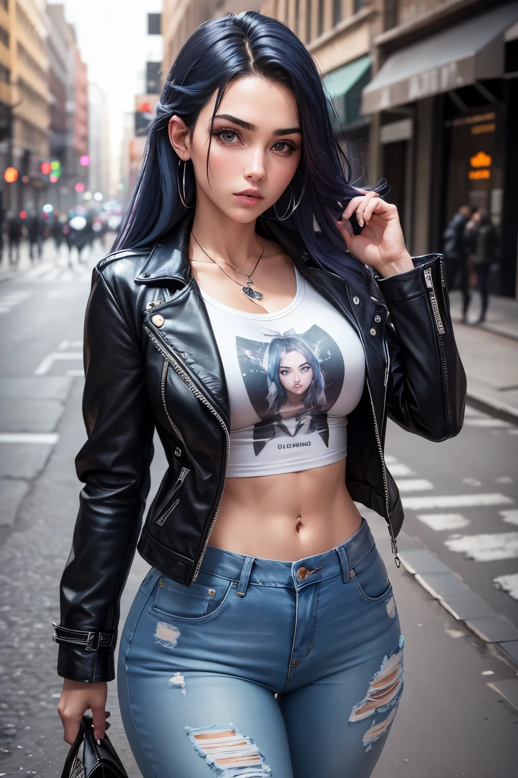 ((ultra realistic)), ((ultra detailed)),((Doll face)), Generate a full body image of a gorgeous 20 year old woman, com olhos perfeitos e delicados, perfect hands, rosto perfeito, com um estilo ousado e rock 'n' roll. She wears an English-style leather jacket with a silver zipper., uma camiseta vintage de banda de rock, jeans rasgados e apertados. She has a messy blue hair with purple stripes. She has many visible tattos on her arms. She is a little muscular, cintura fina com quadris largos e bumbum grande e empinado, com uma atitude confiante e ousada em sua face. She is looking directly at the viewer. It's on a busy street in a modern city