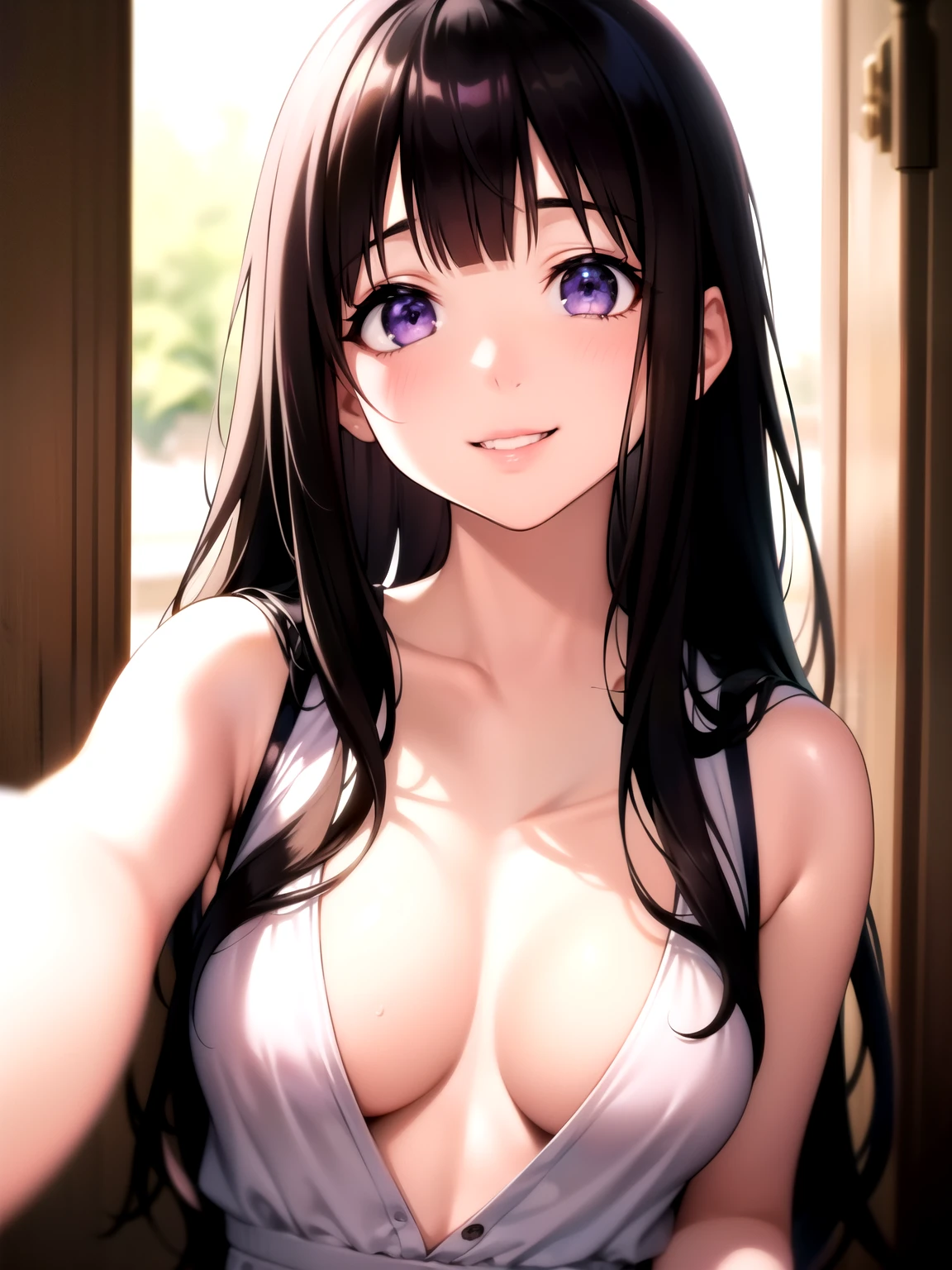 (A superb exquisite Chitanda Eru), (adult face), solo, intricate details, (finely detailed beautiful eyes: 1.2), purple eyes, long black hair, natural straight hair, straight bangs, solo, [Small_breasts: large_breasts: 0.5], normal breasts, extremely delicate, peerless beautiful girl, dreamy quality, exaggerated facial features, solid color, delicate face, bright lips, slender waist, straight curves, soft lights and shadows, super fine, 8K, HD, (masterpiece:1.4), (((sexy smile, kiss at camera)))