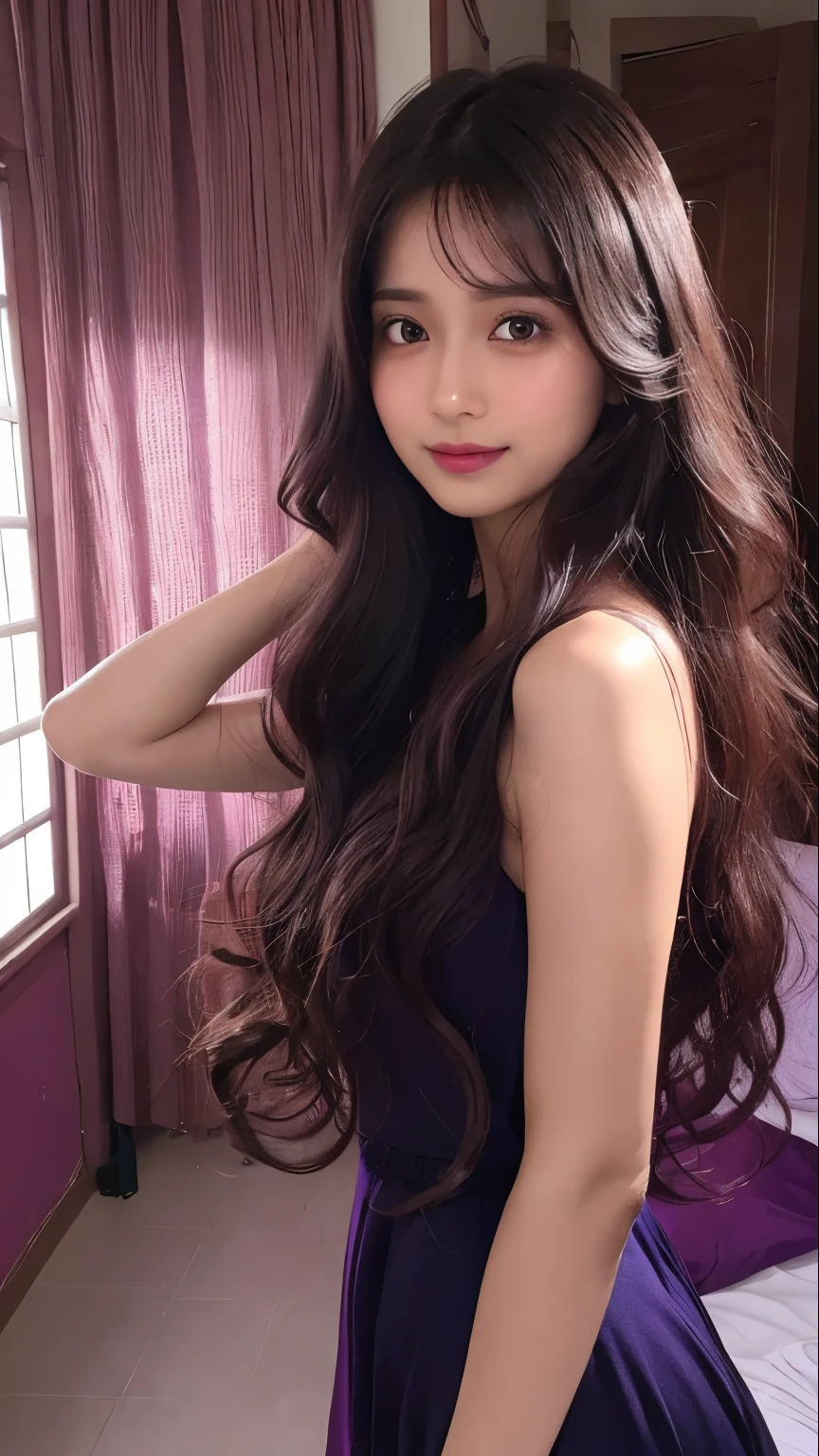 A Chocolaty-skinned Priya with wavy dark lock curls, embraces her Montok-haired lover with fair white skin, inside a room bathed in violet hues.