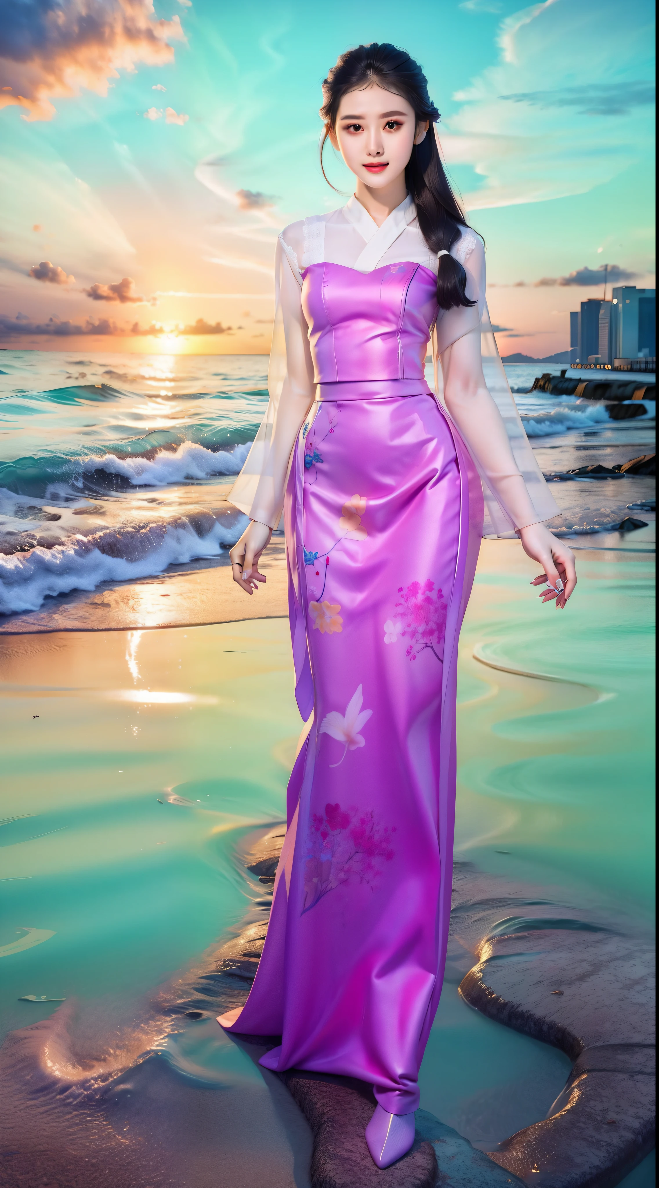 ,1 girl,full body,sea level,long flowing hair,silk stockings,lace skirt, kmm wearing, kmm, Asian beauty