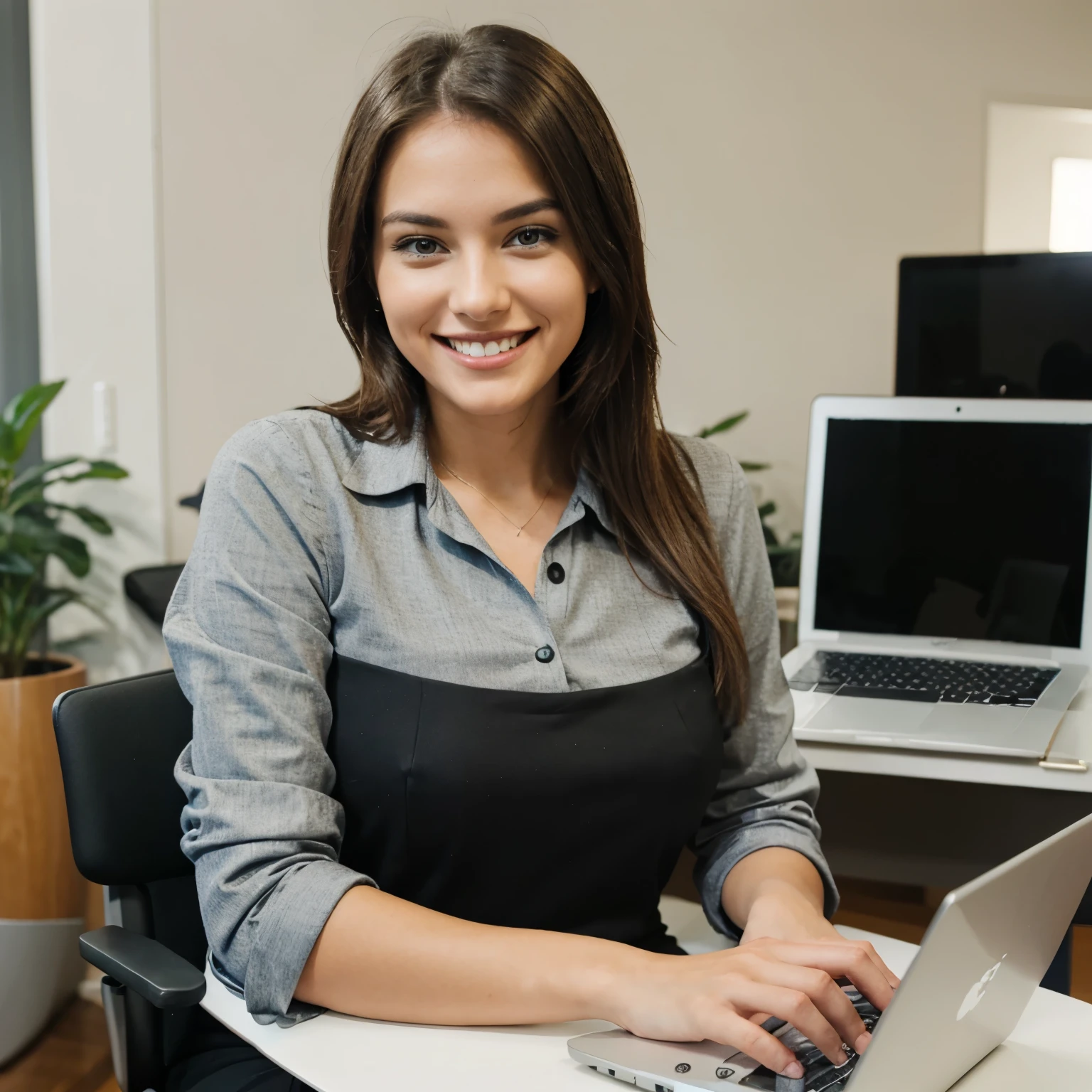 Corporate girl doing laptop work, smile, smirk, happy, sitting, laptop on lap