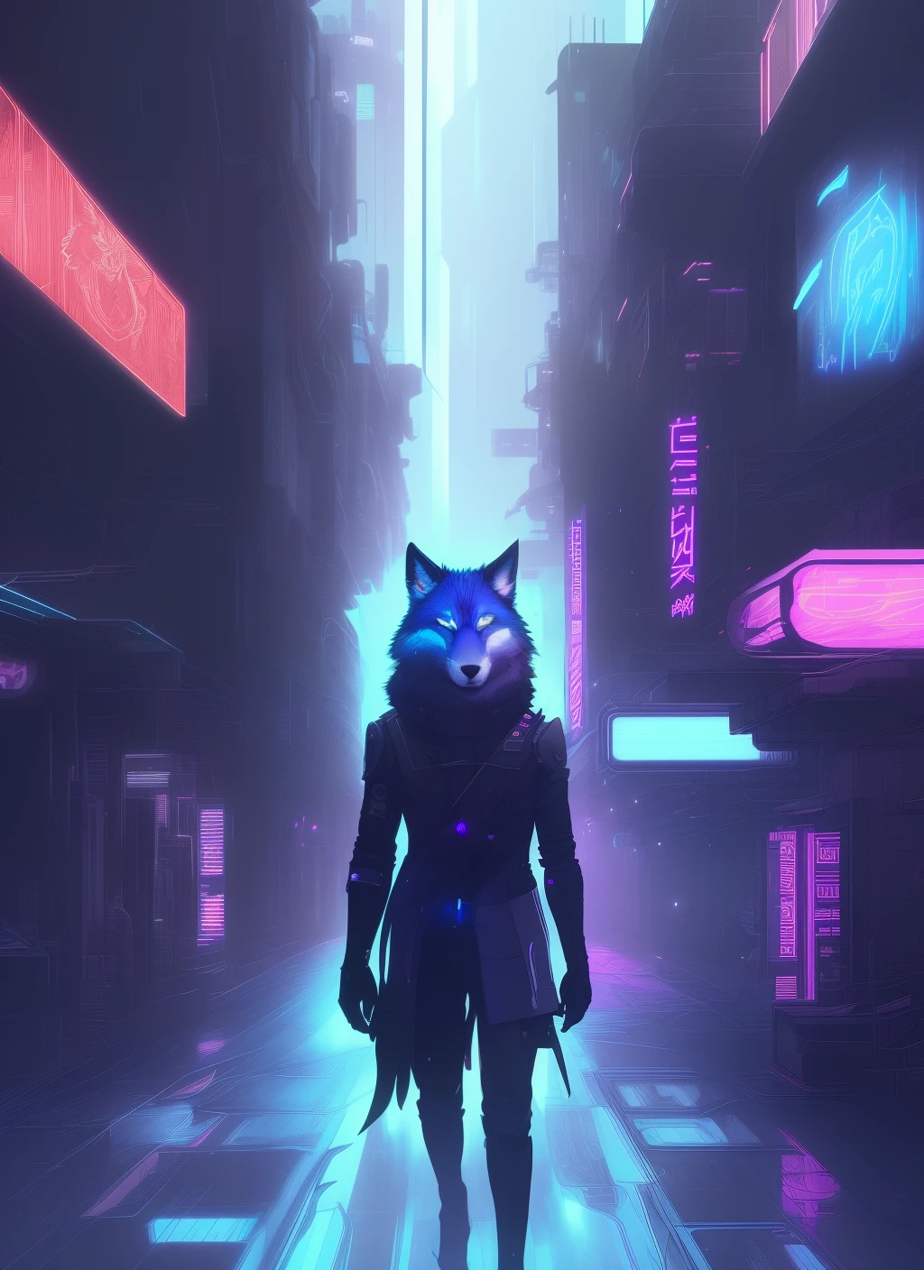 award winning beautiful portrait commission of a male furry anthro Blue wolf fursona with a tail and a cute beautiful attractive detailed furry face wearing stylish black cyberpunk clothes in a cyberpunk city at night while it rains. Conception des personnages par Charlie Bowater, Ross Tran, Art germ, et makoto shinkai, detailed, Inked, art de la bande dessinée occidentale