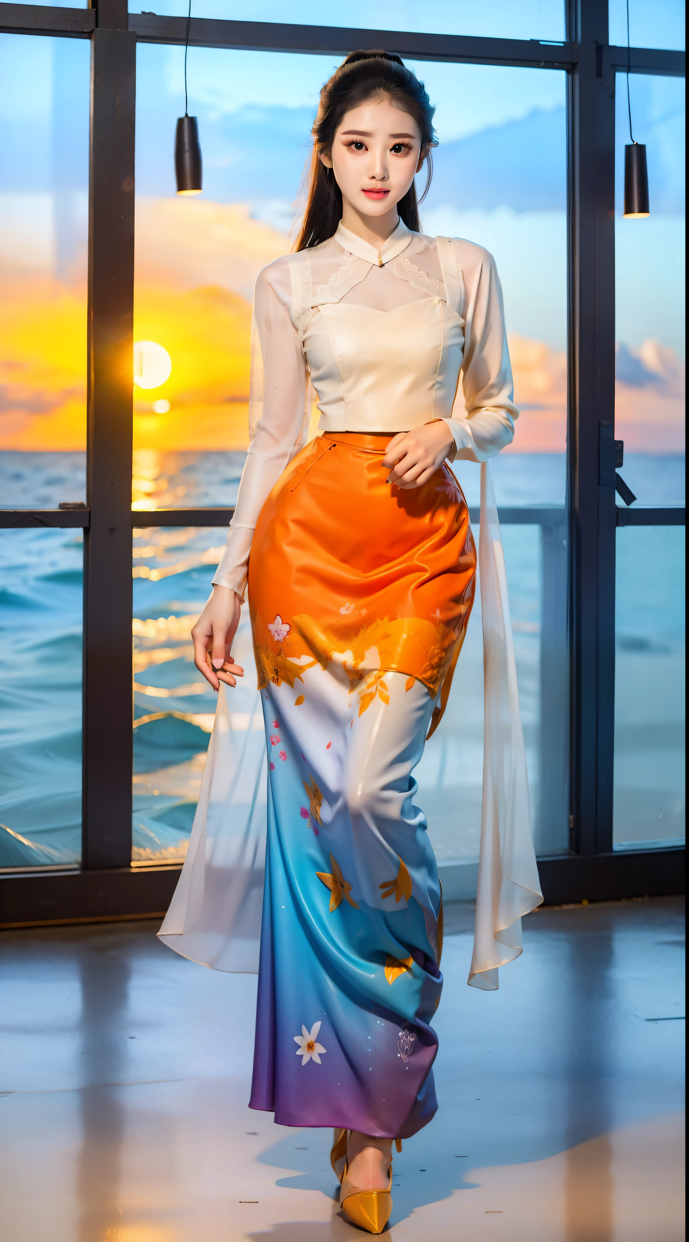 ,1 girl,full body,sea level,long flowing hair,silk stockings,lace skirt, kmm wearing, kmm, Asian beauty