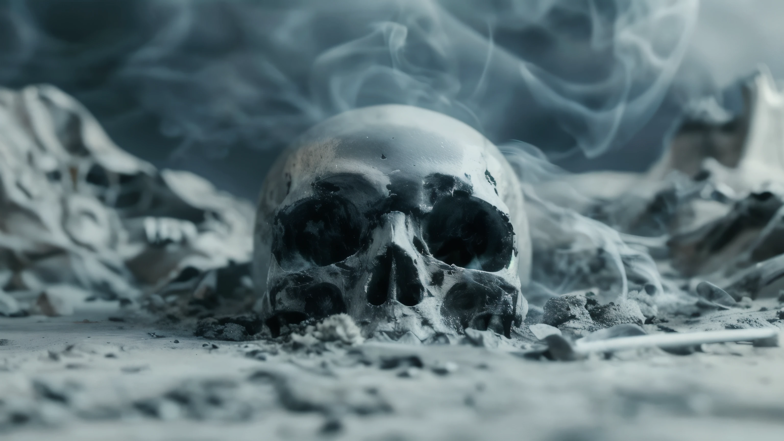 there is a skull that is sitting in the sand, death is split in two with smoke, death skull, dirt and smoke background, skulls are lying underneath, skull liminal void background, detailed smoke and dust, there is a skull over a table, hyperrealistic smoke, death dreaming about death, fantasy skull, ashes seem to be alive, hyper realistic octane render