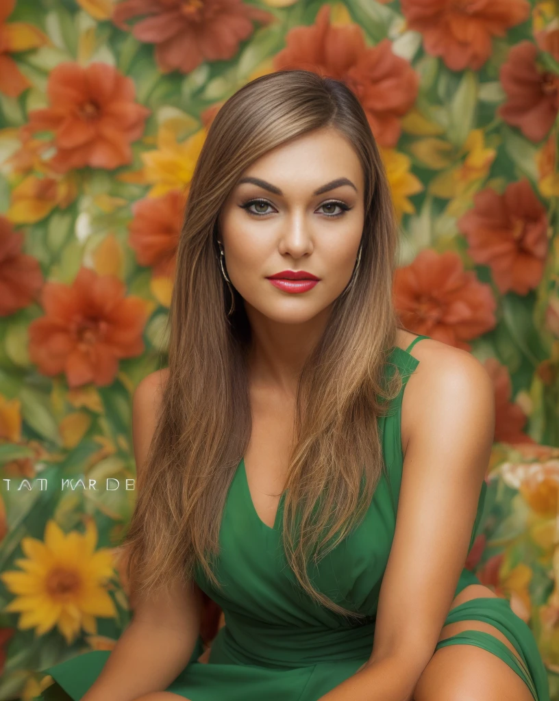 Sasha grey like a (brazilian woman,seated,sharp eyes,blonde hair:1.1,sexy,manicured hands,perfect body,confident,alluring,excellent posture,vibrant makeup:1.1,bold lipstick:1.1,green dress,engaging smile,glamorous,hot summer day,flower backdrop) ,(best quality,highres,ultra-detailed,vivid colors,professional,sharp focus), (portrait,photography,brazilian culture)