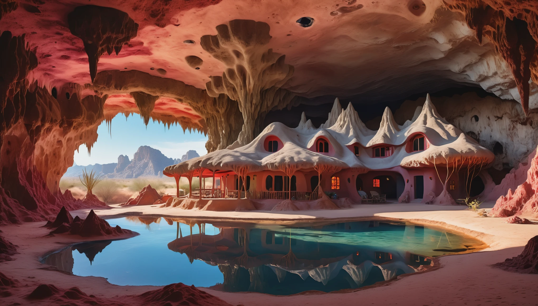 extraterrestrial image of a house made of adobe inside an alien cave in the desert, underground river with strange red vegetation, stalactites and stalagmites,clear water,natural global light, volumetric light, maximum detail, 18k, hyper realistic