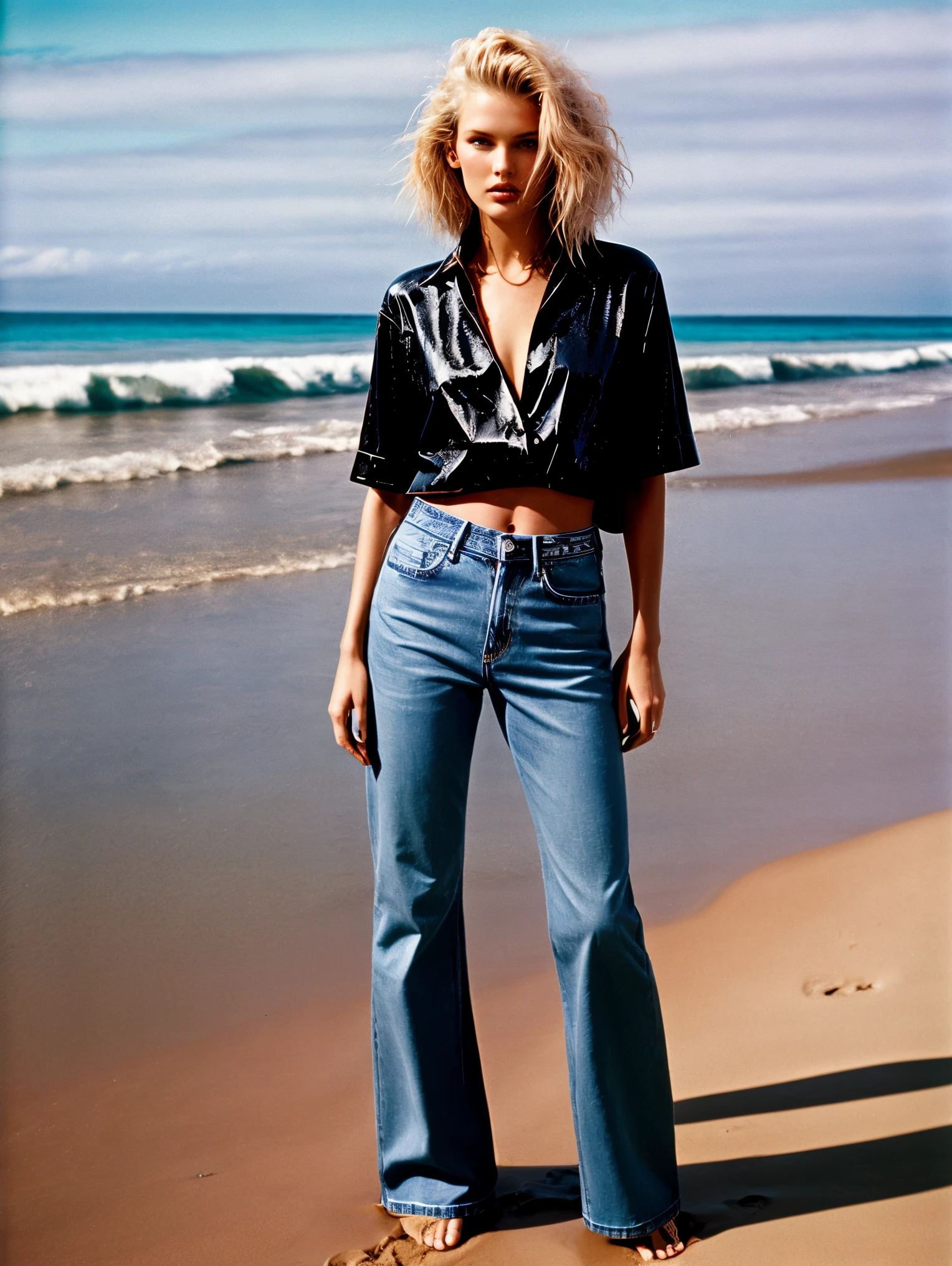 [Ai001 is a famous fashion model, platinum detailed short blonde hair], pose model in vogue magazine from 1990, wearing haute couture jeans 1990, in beach, wet hair, Kodak Portra 400VC