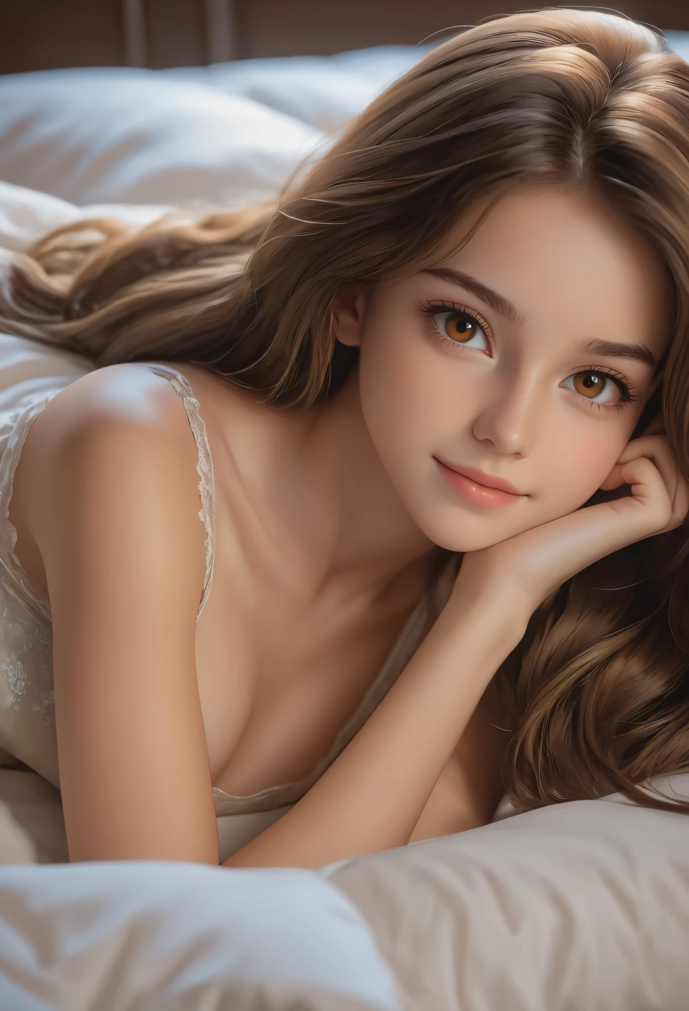 masterpiece, anatomically correct, a radiantly beautiful 18 year old lies captivatingly (on her side in bed), (she wears no clothing, small breasts, slender hipakeup, high res, shy smile, long brown hair cascades over her pillow, detailed brown eyes, high detail, glowing light, first-person view, UHD, textured skin, super detail, high quality.