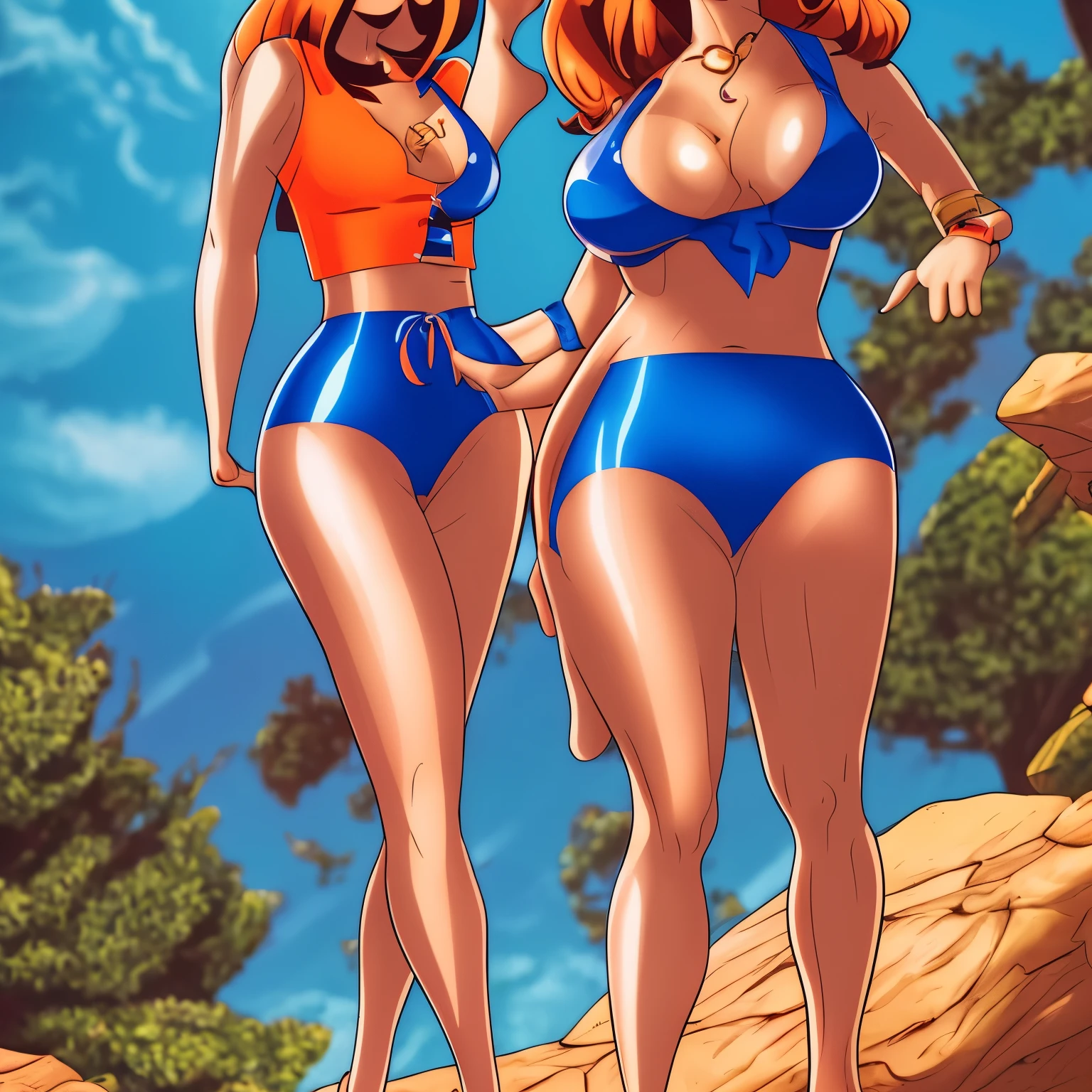 velma dinkley, glasses, big breast, wearing wet orange shiny tight satin shirt and orange shiny tight mini skirt showing wet pink panties, full body, cameltoe shown, ahegao