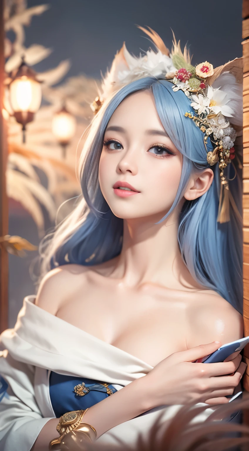 ((4k,masterpiece,best quality)), shuimobysim, Chinese painting, lotus, hanfu, maxiskit, dress open, swf 1girl, solo, long blue hair, smile, standing, feet in the water, barefoot,