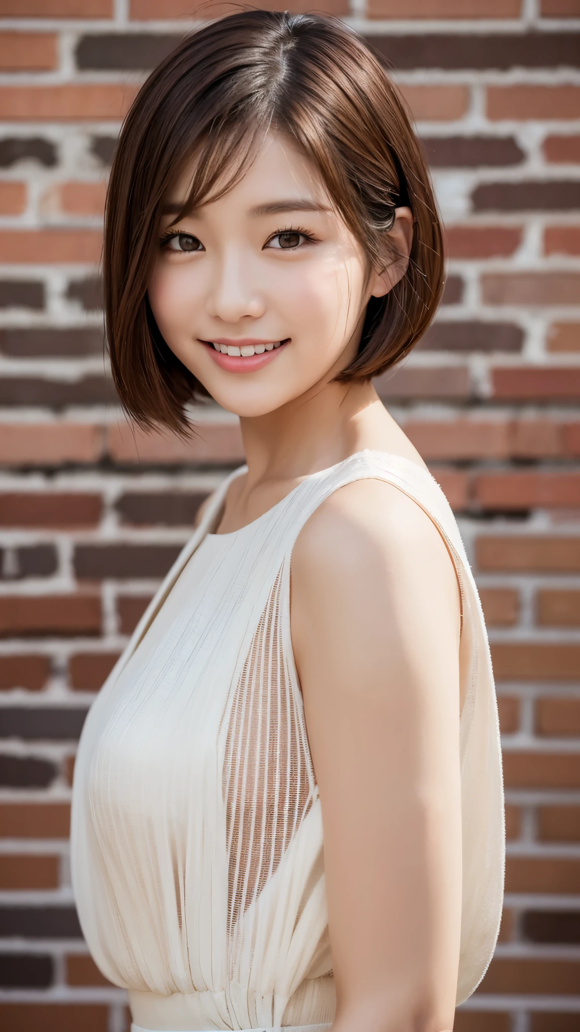 Beautiful Korean girl with good style、white and beautiful skin、short height、brown hair、bob cut hair、reddish brown eyes、slanted eyes、thin eyebrows、thick lips、smile、fancy clothes、Fashion Model、brick background、