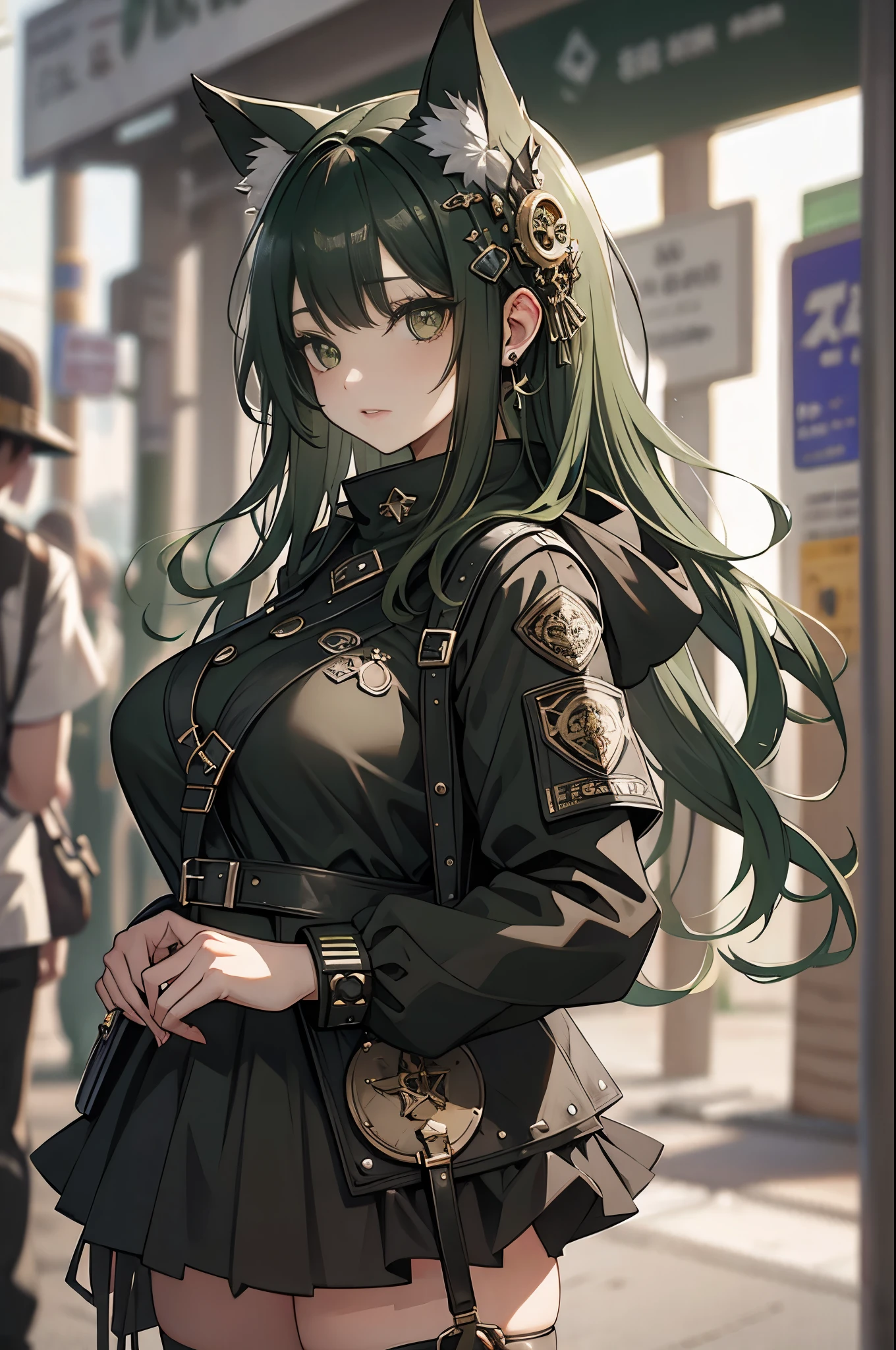 best quality, 超A high resolution, detailed face, detailed eye, ((Deep green:1.3)), 1 girl, Beautiful woman, big and full breasts, Jacket, mini skirt, punk fashion,