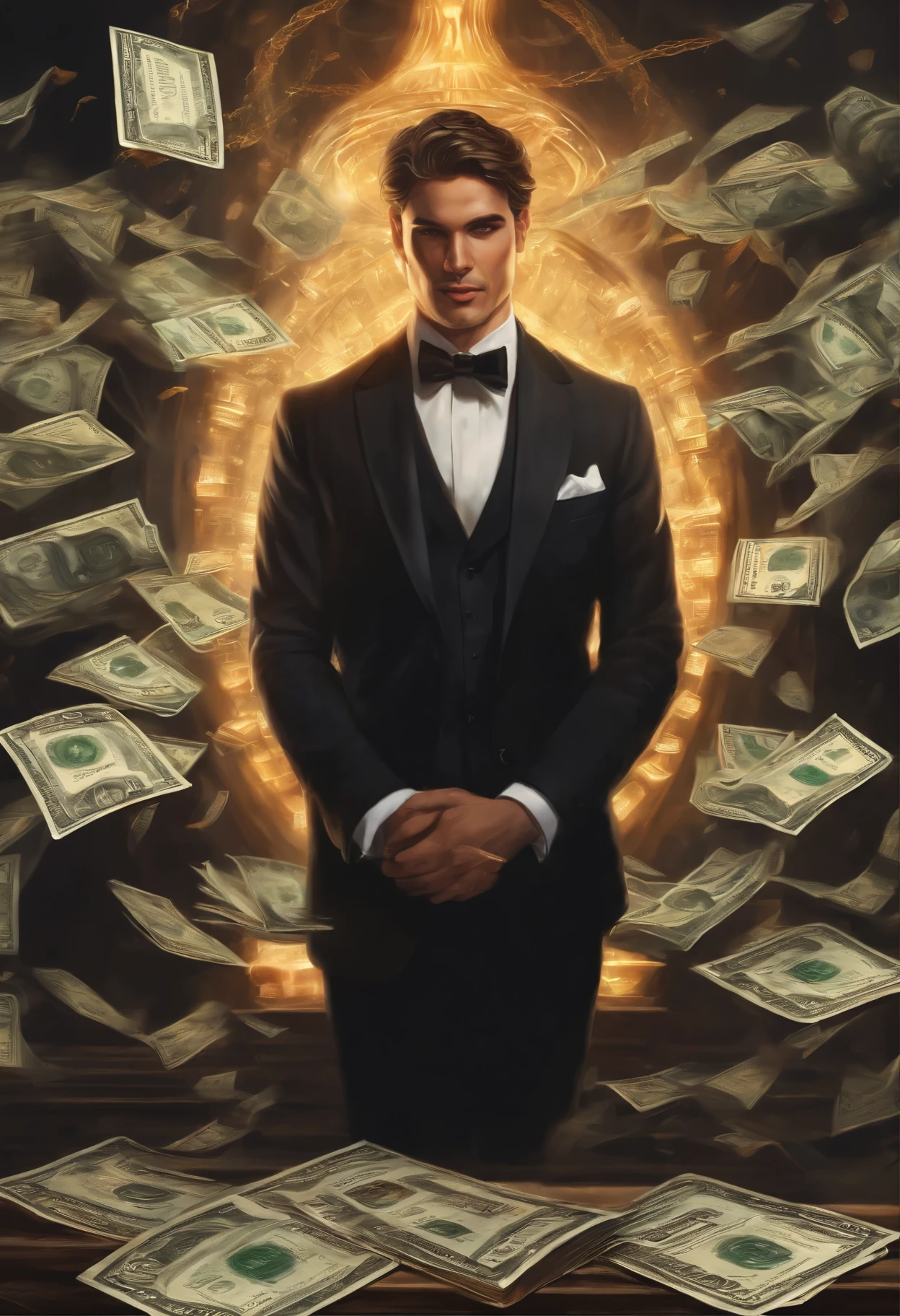 Detailed paintings depicting handsomeness, Mature 25 year old man,dressed in a black suit,Surrounded by a string of glowing dollars, and the middle one magic book, raw, human, cinematic, eyes open, looking at camera, smirk, happy.
