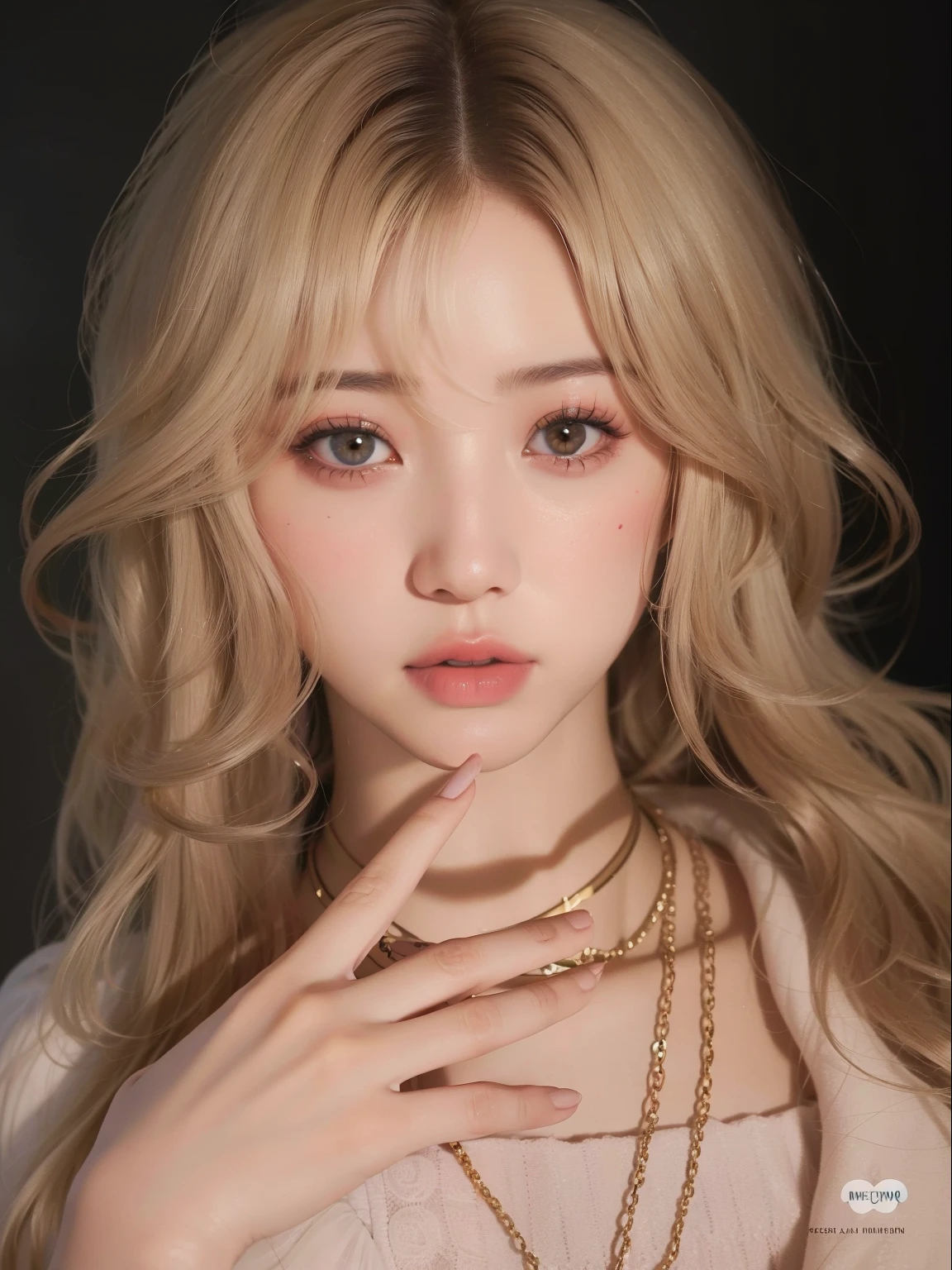 un primer plano de una mujer con cabello largo y rubio y un collar, maquillaje popular de corea del sur, maquillaje coreano popular, ulzzang, retrato de jossi de blackpink, inspirado en Yanjun Cheng, ig model | germen de arte, pale porcelain white skin, jinyoung shin, cabello rubio y ojos grandes, pale skin curly blonde hair, sakimichan