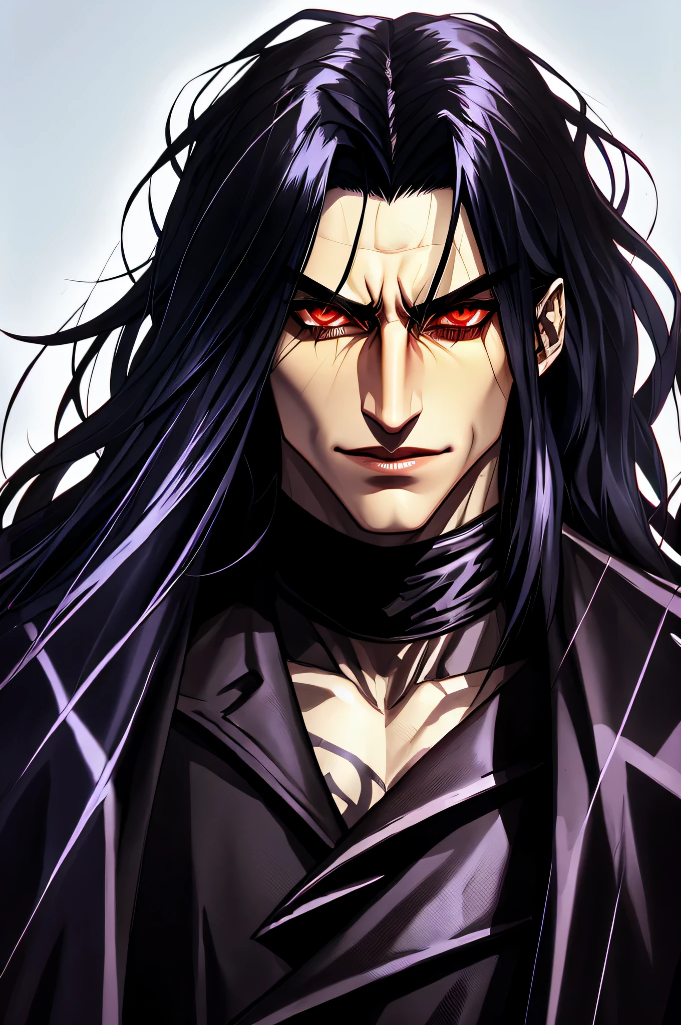 Alucard, Charismatic vampire from the anime series "Hello," iconic figure with an impressive and sinister appearance. Its pale, his almost corpse-like complexion contrasts sharply with his jet-black and disheveled hair.. His piercing, crimson eyes, filled with anger, stand out on his haggard face. He is known for his sardonic expression and mocking smile, radiating an aura of defiance.. Alucard's glasses, unusual accessory, this is a classic style, which he carries even in the darkest places. These glasses become a symbol of his defiant and mysterious behavior.